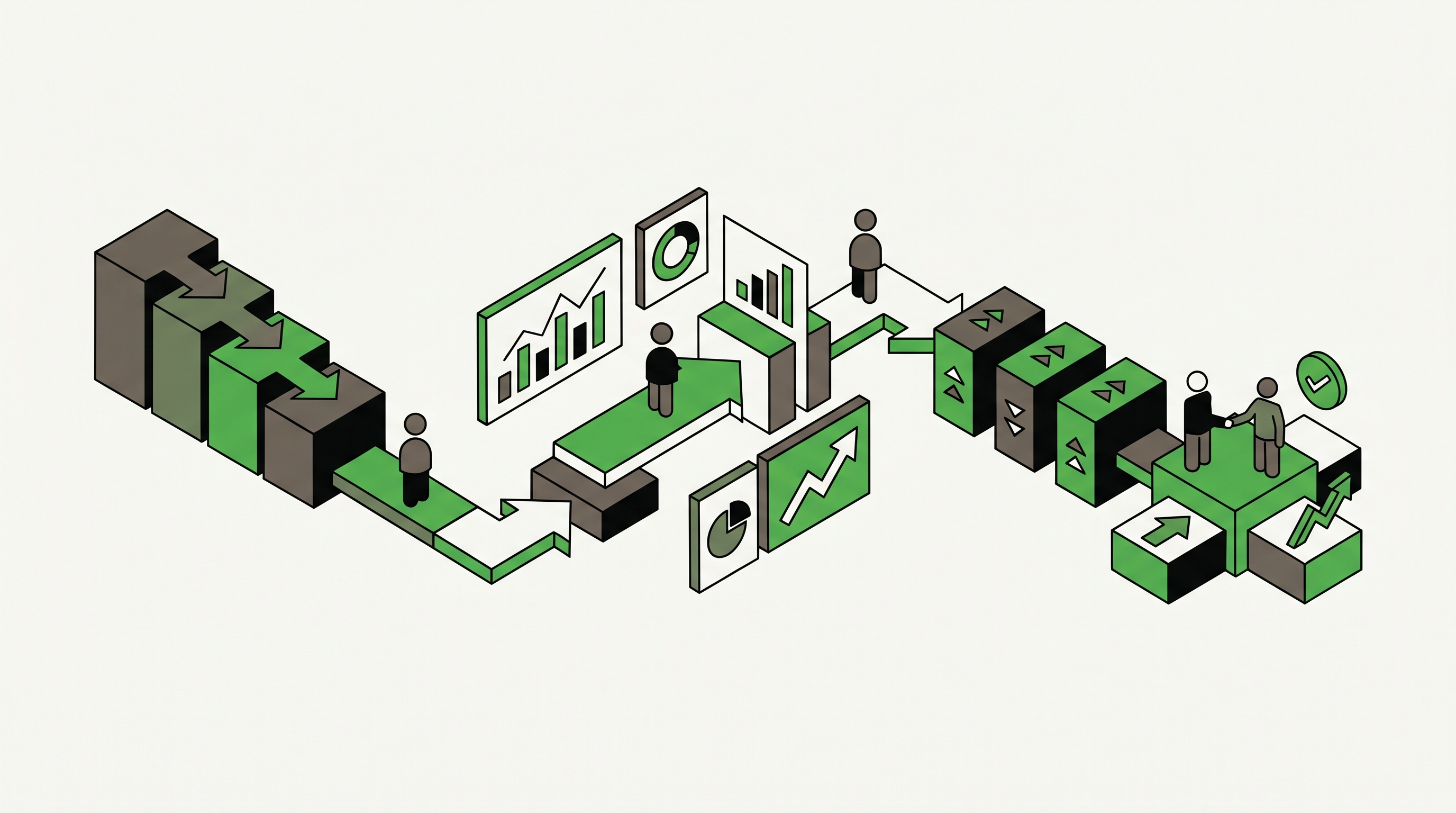 Flat 2D isometric vector illustration of marketer reviewing conversion funnel on dashboard with lead quality markers and CRM cards