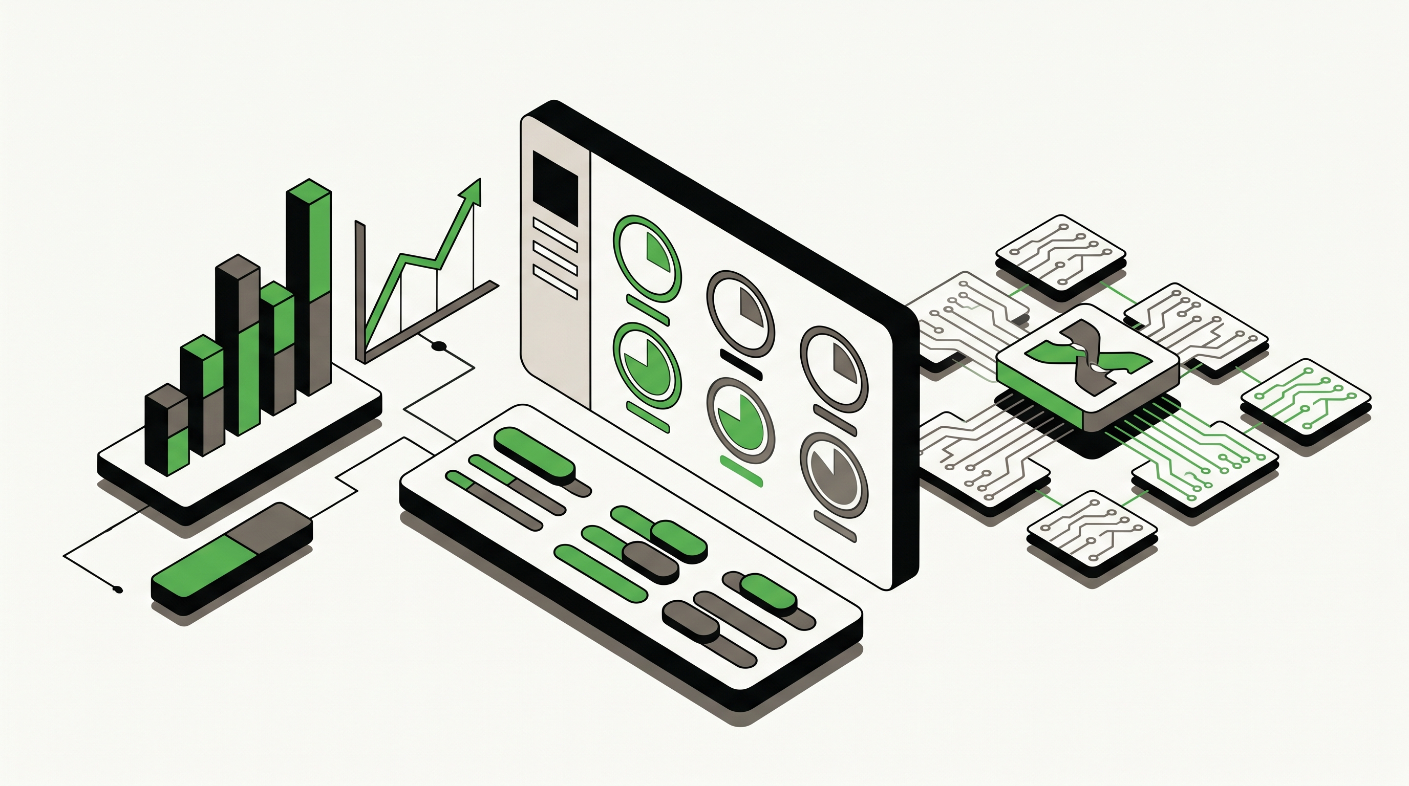 Flat 2D isometric vector illustration of ad manager controlling AI campaign settings with URL blocks brand filters and search query cards