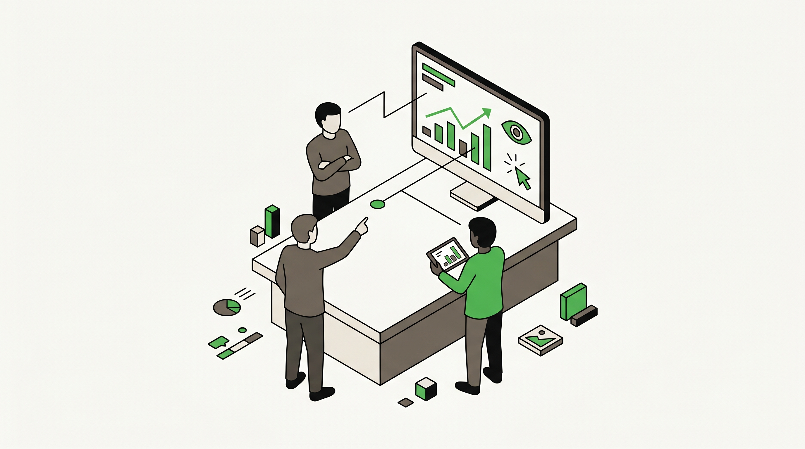 Flat 2D isometric vector illustration of team balancing manual controls and automated bidding around a performance dashboard