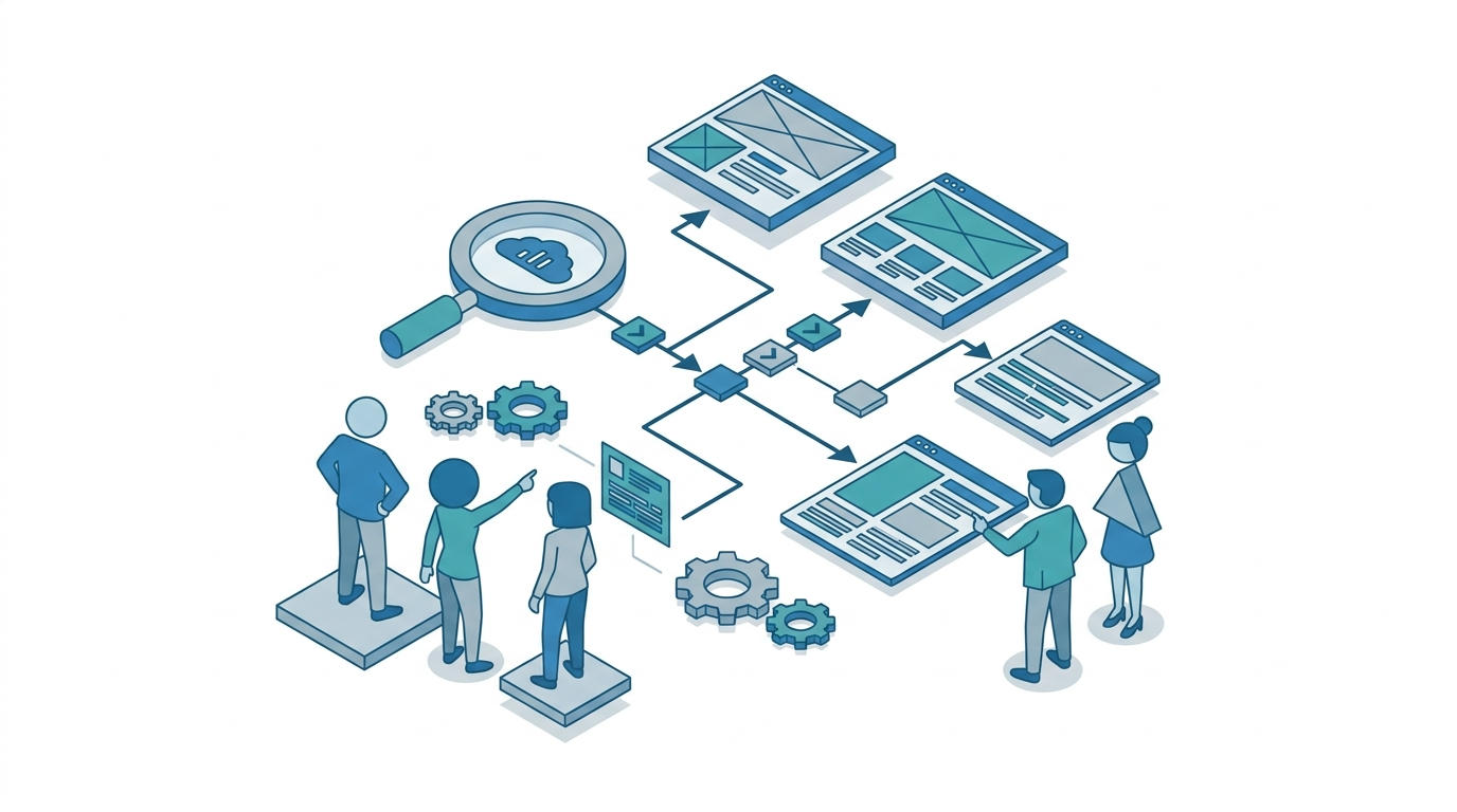 Flat 2D isometric marketing team mapping landing pages to search intent