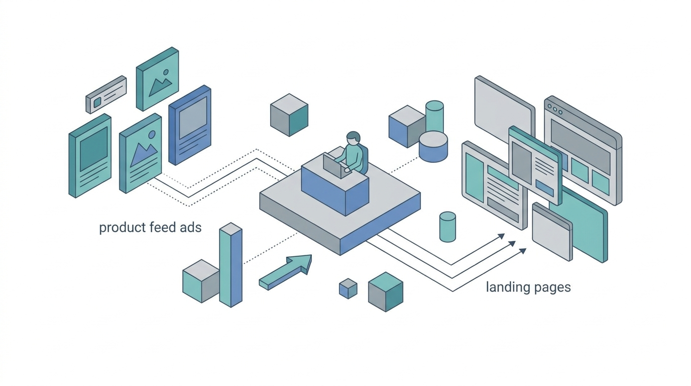 Flat 2D isometric analyst connecting product feed, ads, and landing pages