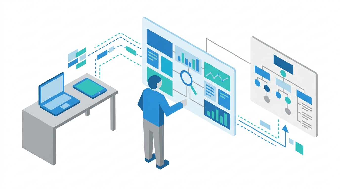 Flat 2D isometric marketer reviewing unified search dashboard and page map