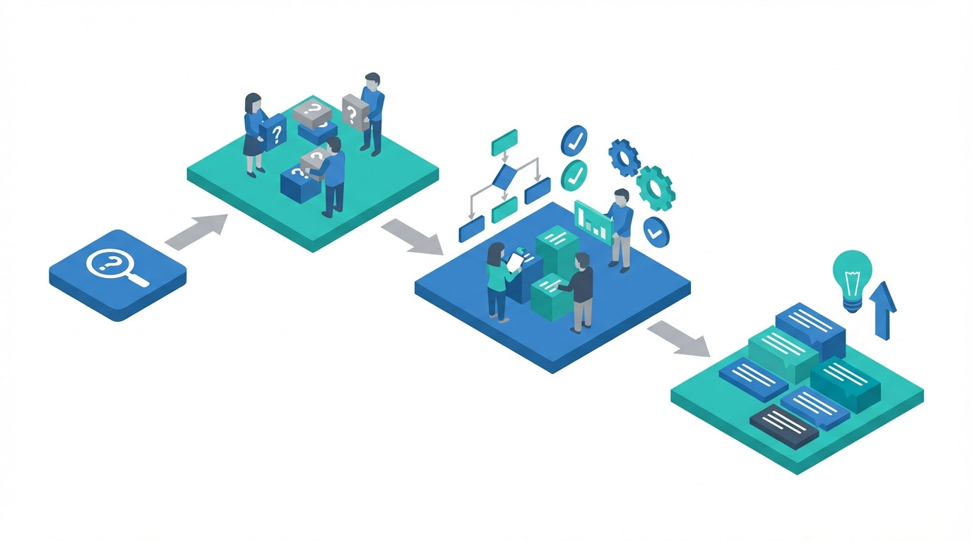 Marketing team reviewing FAQ blocks and source-aligned content map