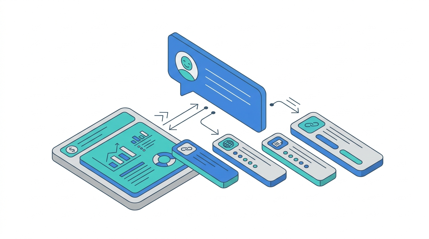 Flat 2D isometric vector illustration on a white background. Blue, teal, and gray color palette only. Wide 16:9 horizontal format. Simple geometric characters and shapes showing conversational AI search results with sponsored answer cards and organic source links. Clean minimal business illustration style. No photography. No landscapes. No nature. No dark backgrounds. No text. No logos.