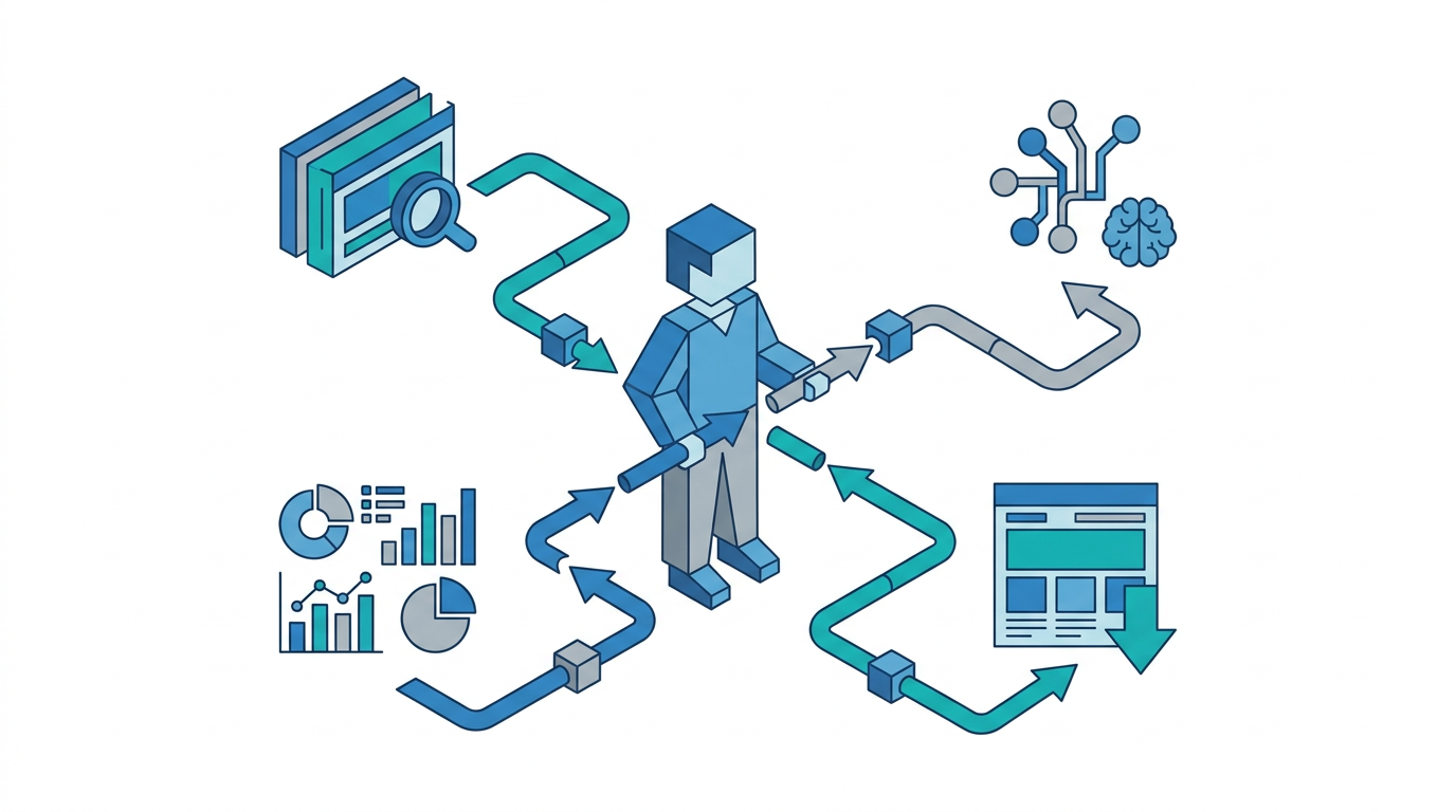Flat 2D isometric vector illustration on a white background. Blue, teal, and gray color palette only. Wide 16:9 horizontal format. Simple geometric characters and shapes showing a marketer connecting paid ads, AI citations, analytics, and landing pages into one workflow. Clean minimal business illustration style. No photography. No landscapes. No nature. No dark backgrounds. No text. No logos.
