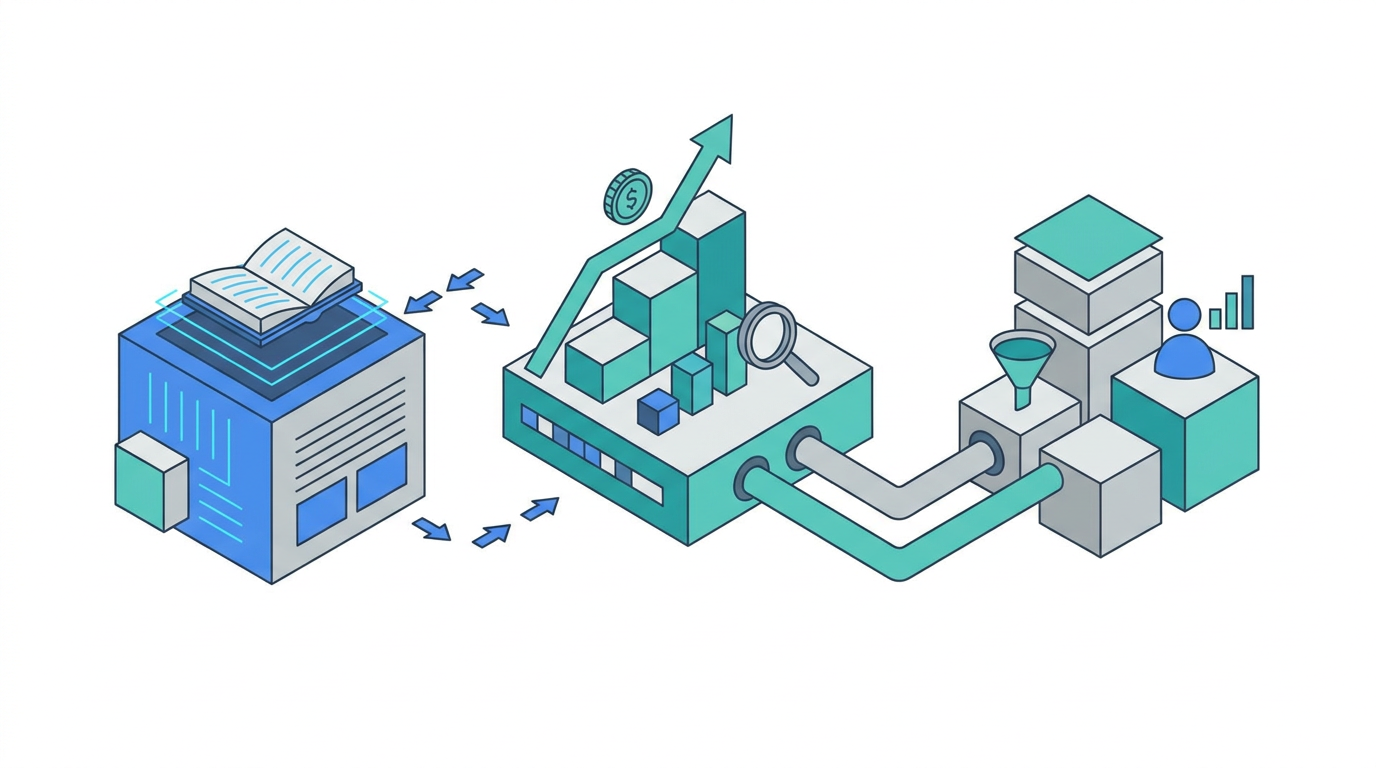 Flat 2D isometric vector illustration on a white background. Blue, teal, and gray color palette only. Wide 16:9 horizontal format. Simple geometric characters and shapes showing an analytics dashboard combining AI citations, sponsored answer performance, and lead outcomes. Clean minimal business illustration style. No photography. No landscapes. No nature. No dark backgrounds. No text. No logos.