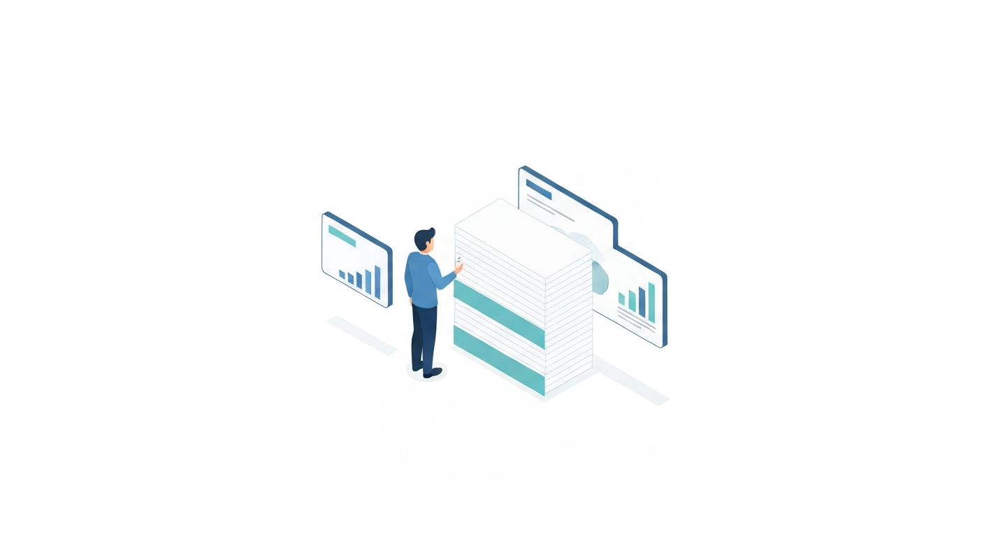 Analyst reviewing a clean AI search playbook on a large dashboard with structured content cards