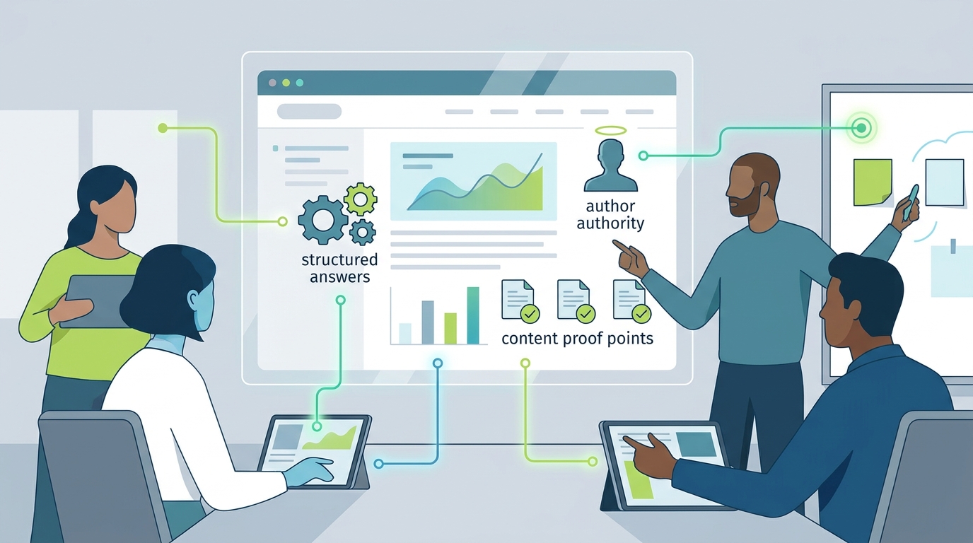 Marketing team evaluating trusted pages for AI citations and source authority