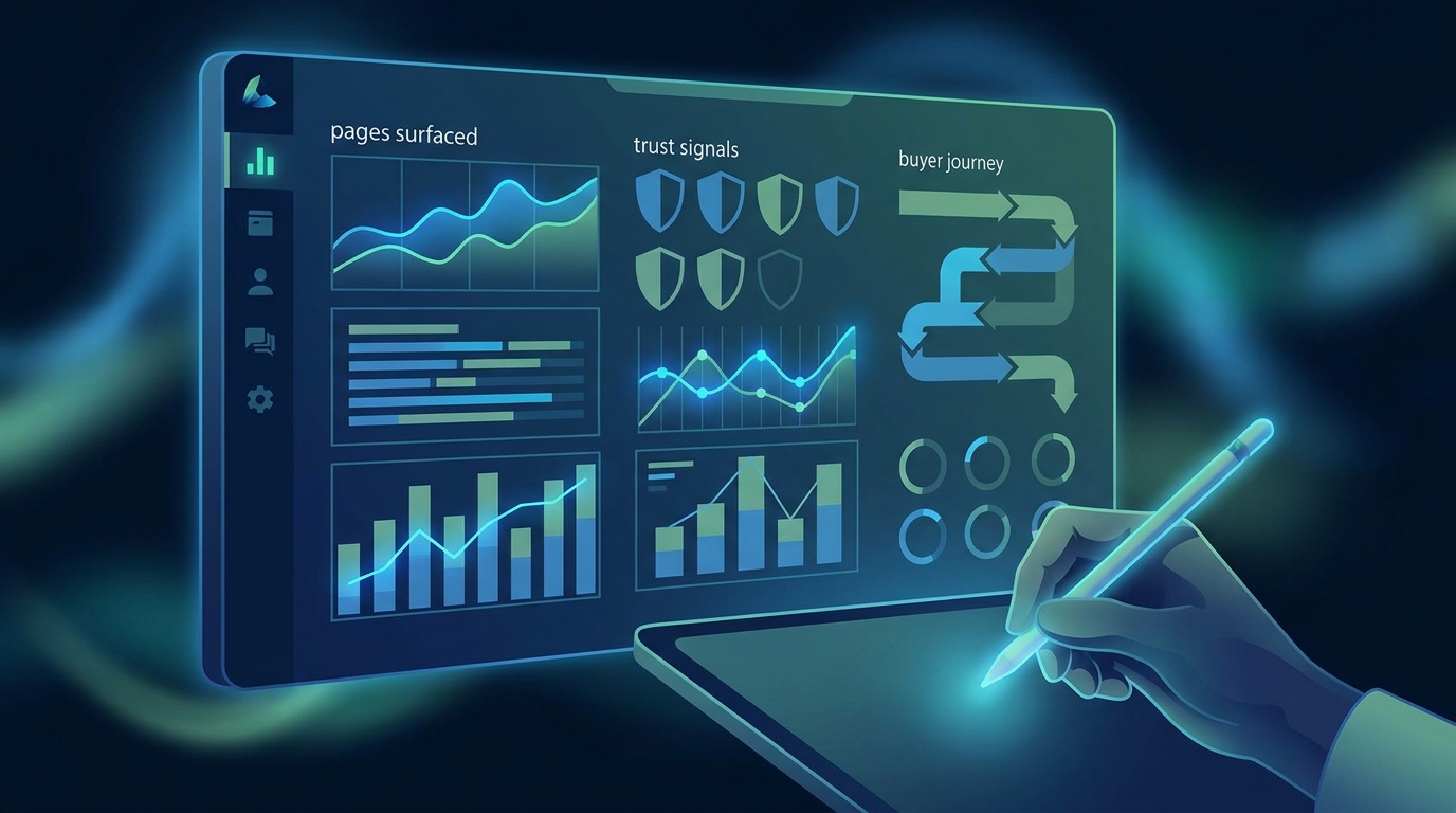 AI visibility reporting board tracking surfaced pages, trust signals, and buyer journey metrics