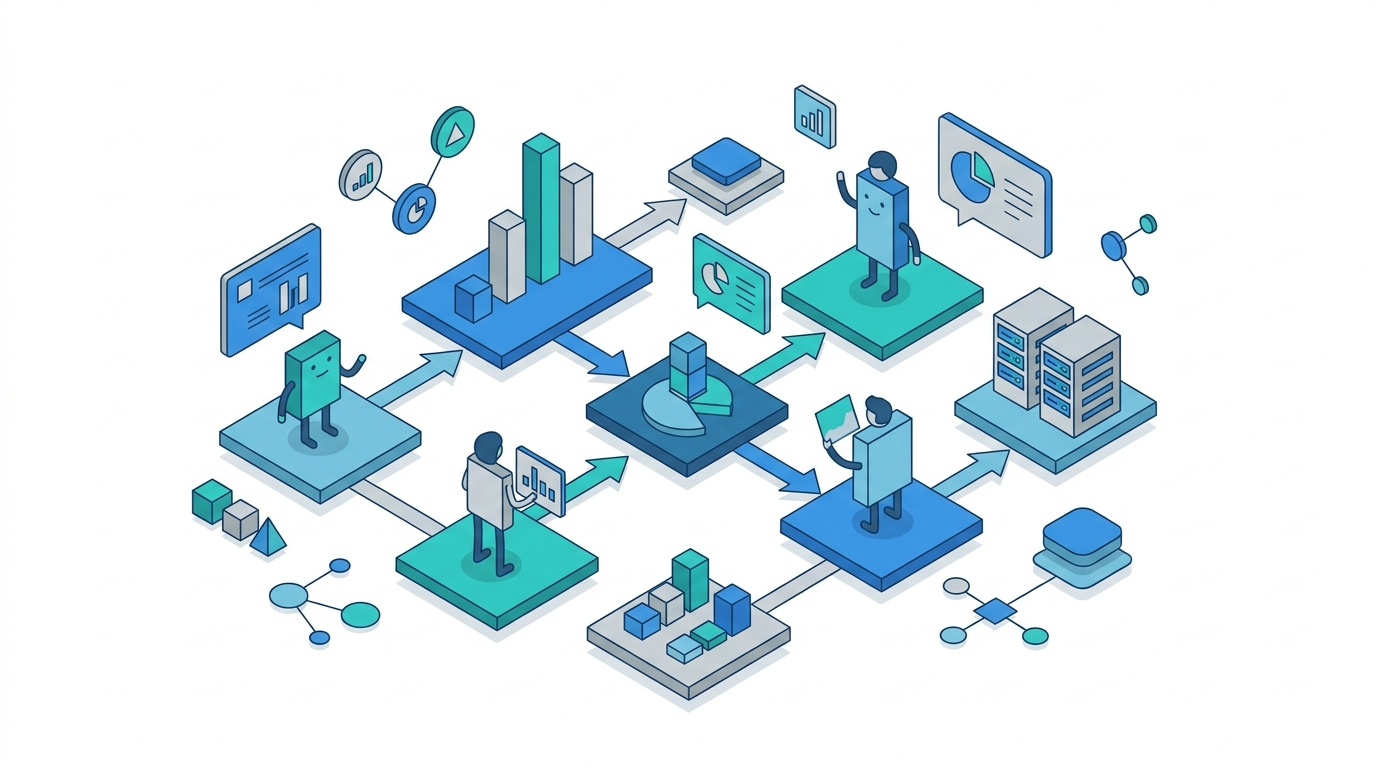 Minimal business illustration of a monitoring dashboard with floating website cards and an always-on AI agent panel