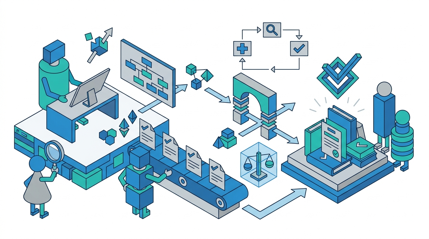 Flat isometric illustration of a healthcare marketing team comparing review signals, provider pages, and citation sources on a white dashboard