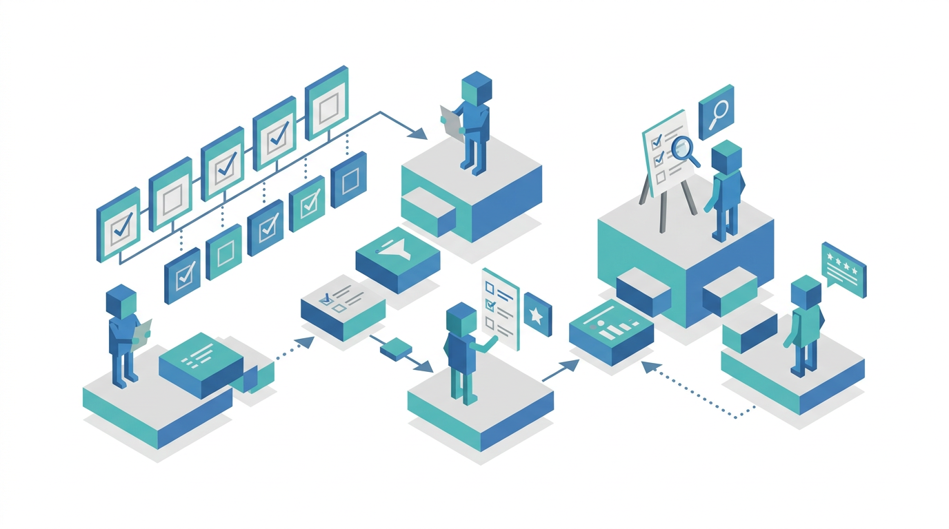Wide horizontal illustration of a strategist reviewing a weekly AI visibility checklist with alerts, website cards, and action items