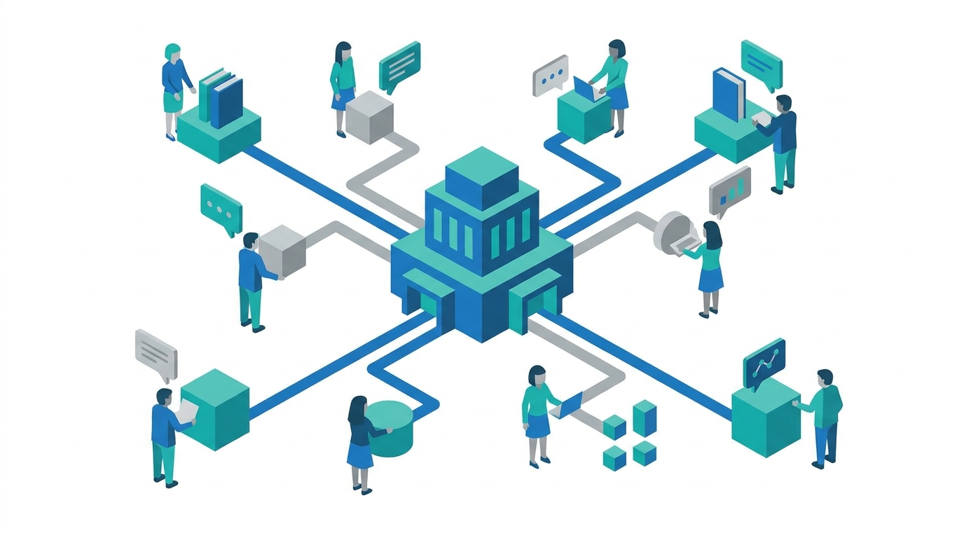 Connected profile cards and citation nodes around a central brand hub