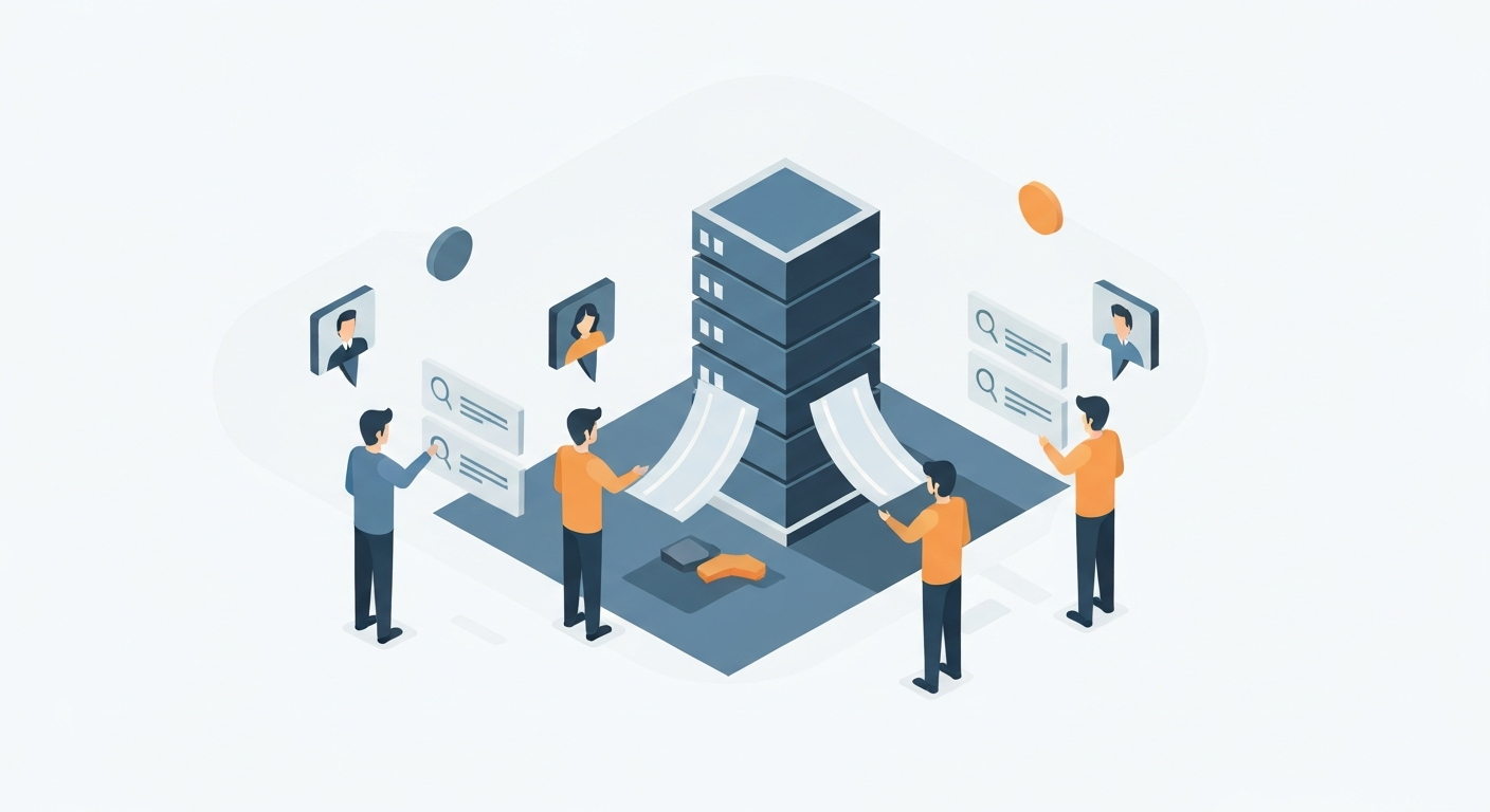 Three users receiving different personalized search cards from central server