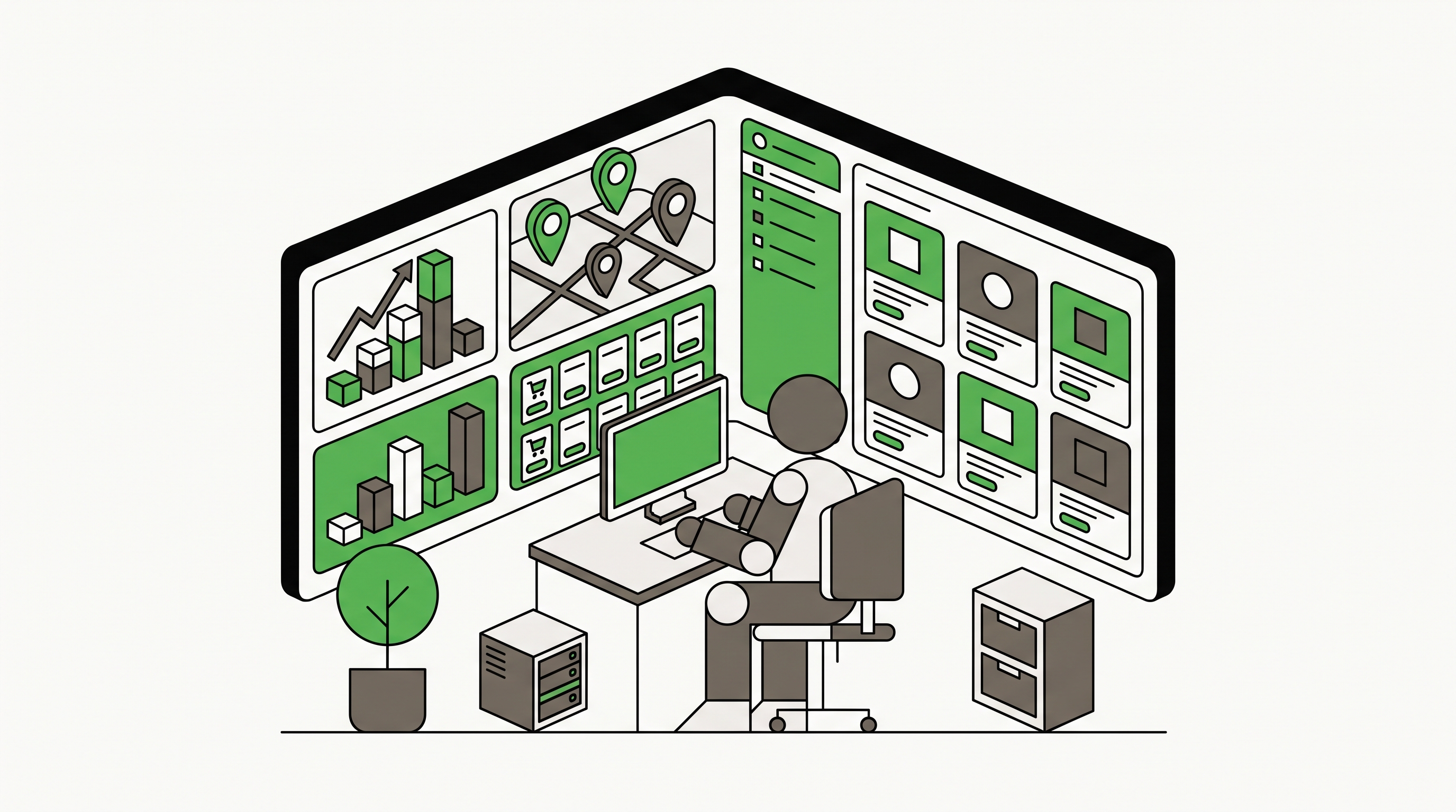 Flat 2D isometric vector illustration of a retail marketer reviewing inventory feeds, store locations, pickup labels, and product cards on a clean dashboard
