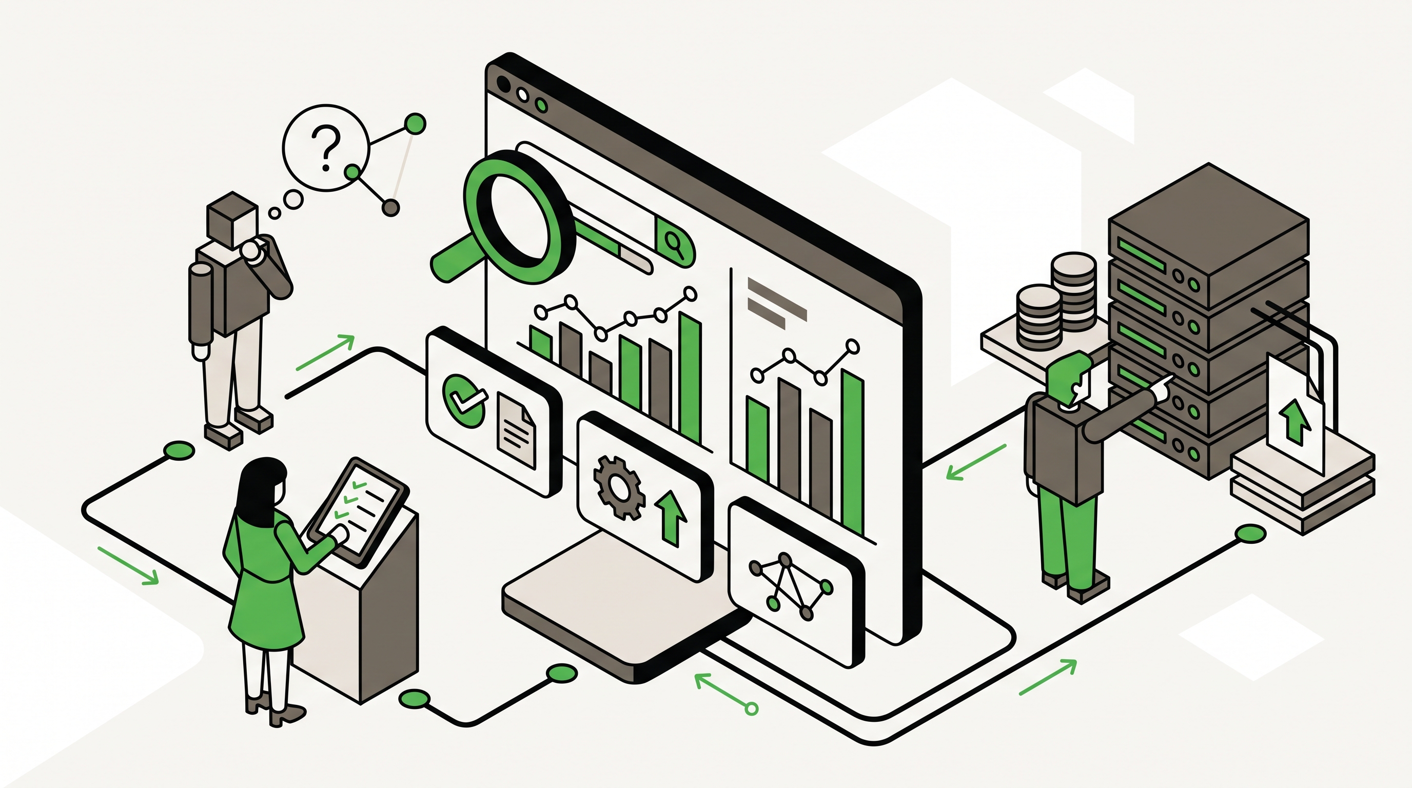 Flat 2D isometric vector illustration of a local business website being audited by search cards, map pins, and warning symbols
