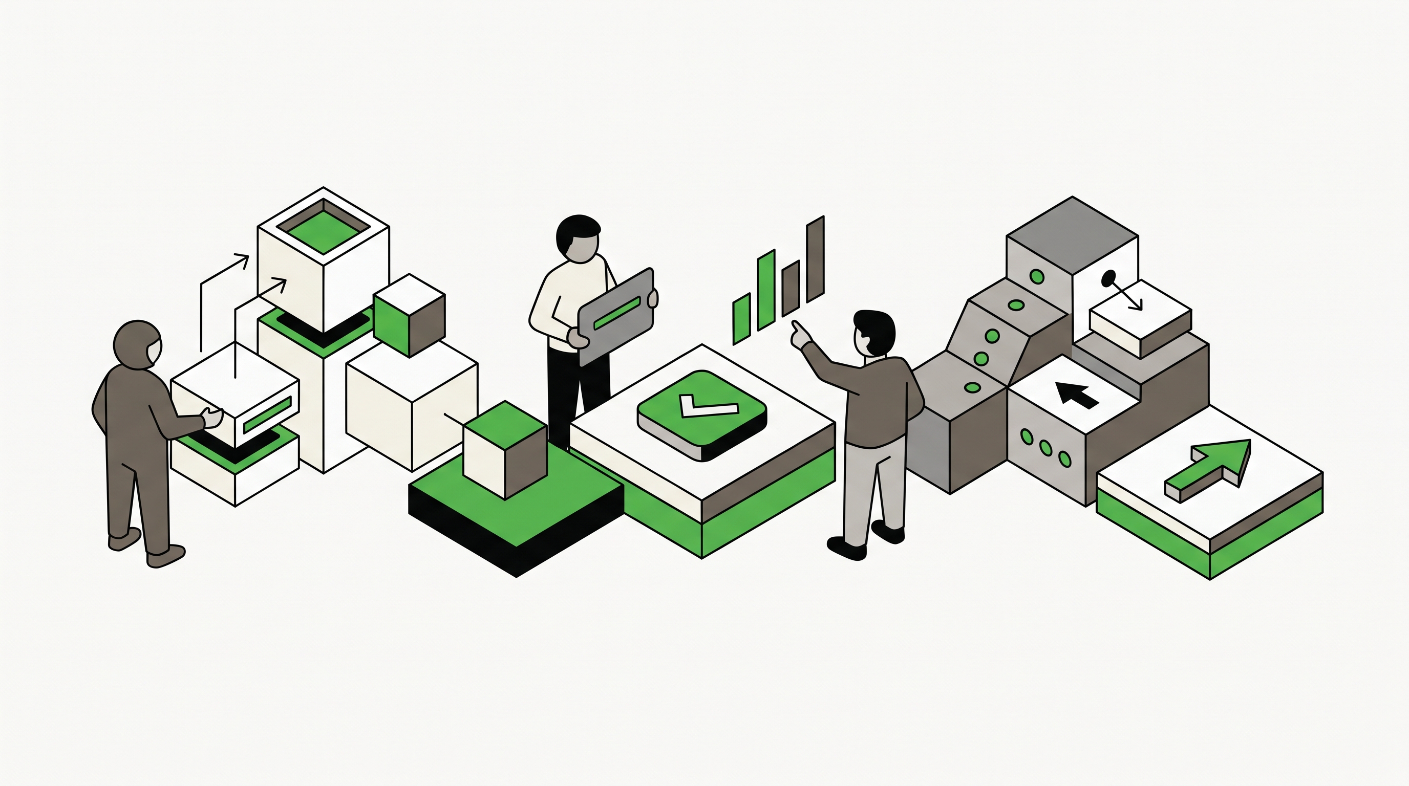 Flat 2D isometric vector illustration of service pages, review badges, and proof blocks feeding into a clean search recommendation panel