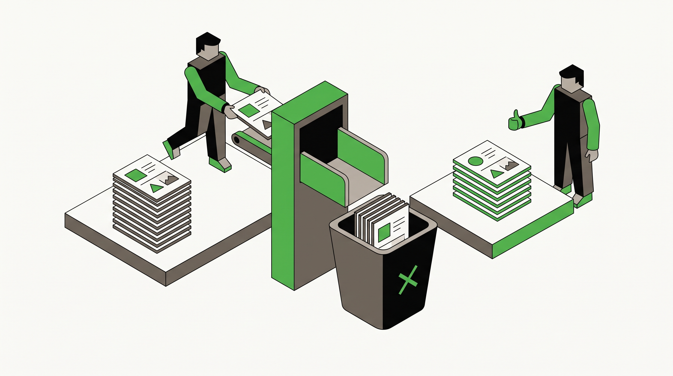 Flat 2D isometric vector illustration of a marketer consolidating duplicate pages into a smaller set of stronger local content blocks