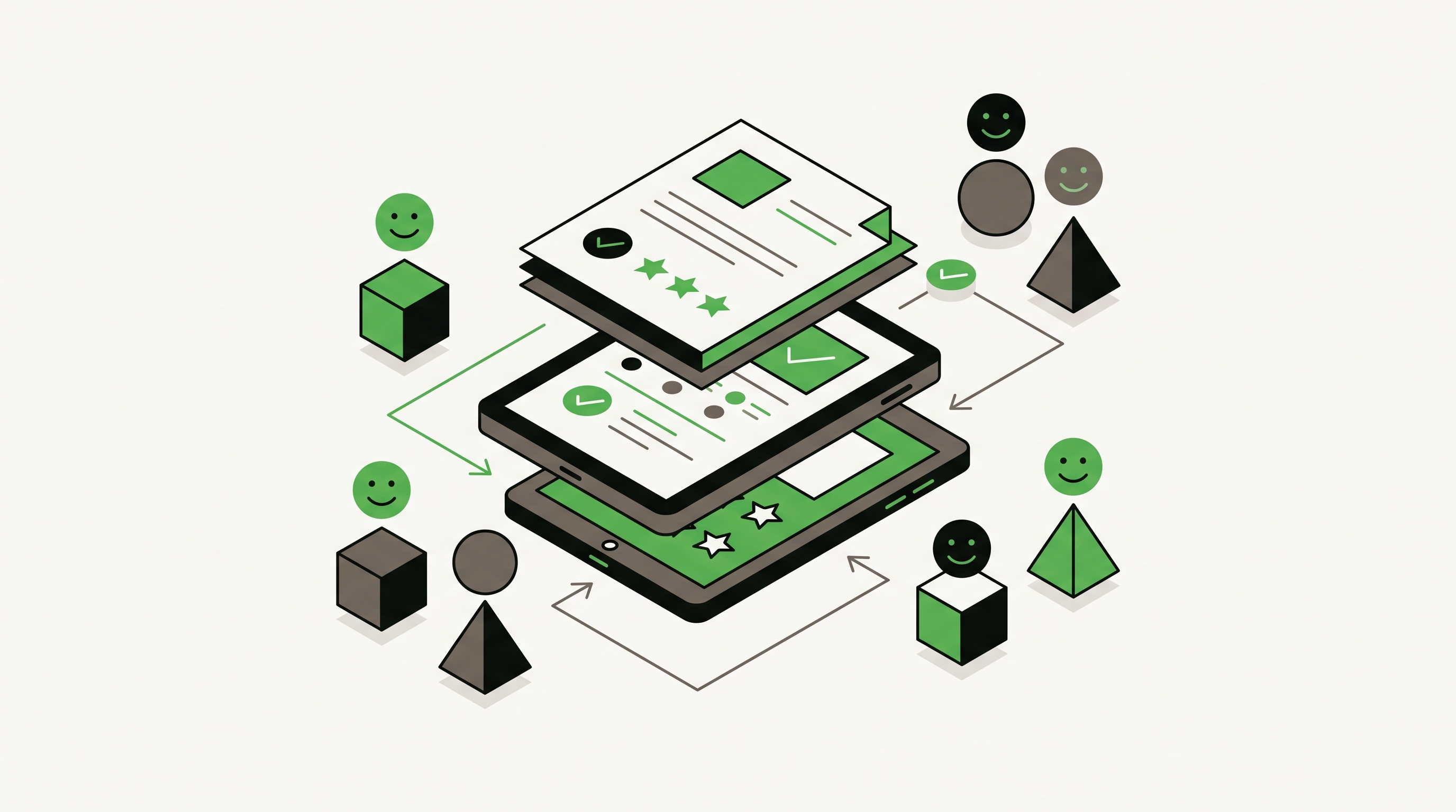 Flat 2D isometric vector illustration of a local business website surrounded by review cards, service-area pages, map pins, and authority charts