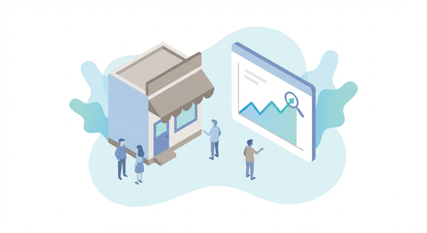 Small business storefront with an AI-powered search visibility graph rising on a nearby screen