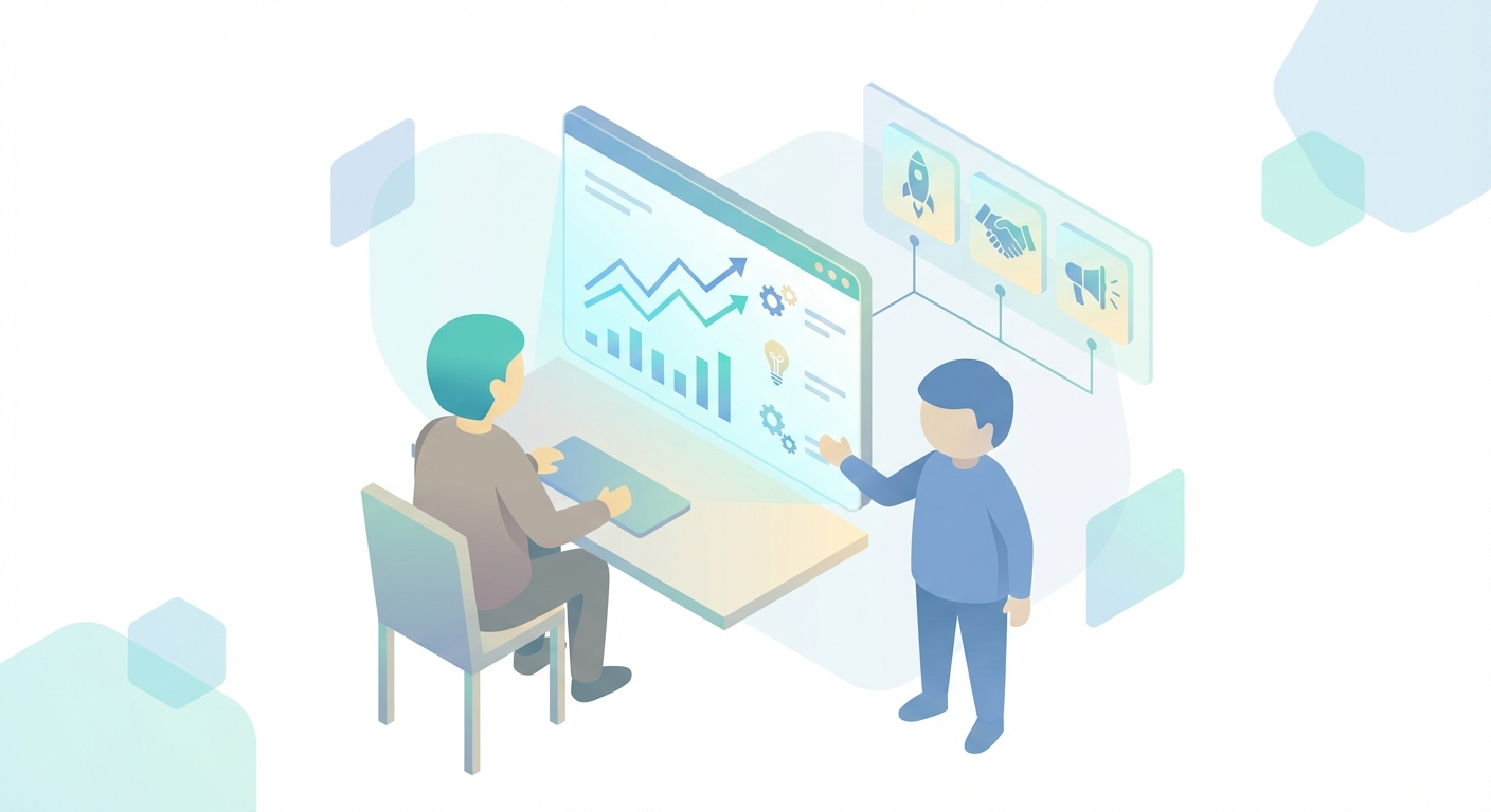 Business owner reviewing upward-trending analytics with AI recommendations on screen