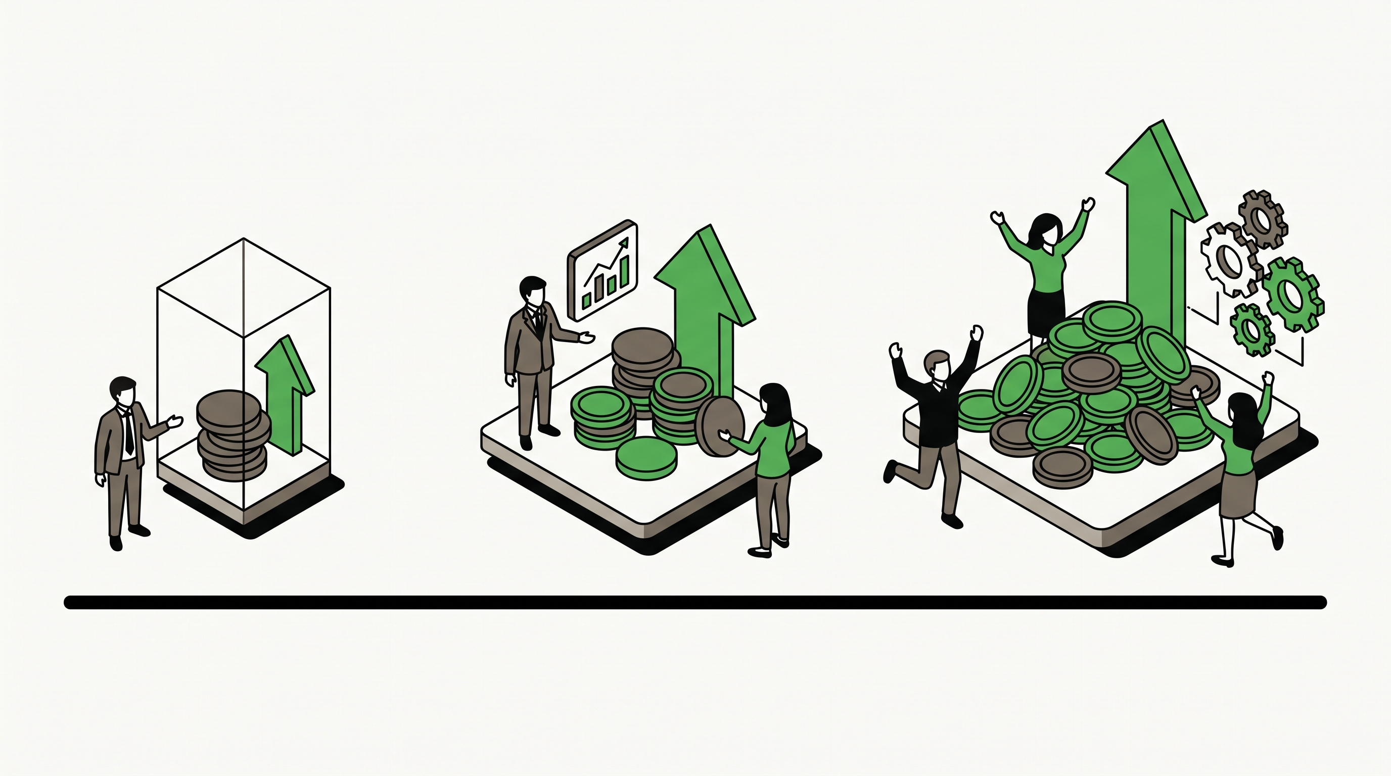 Flat 2D isometric vector illustration of a marketer comparing launch scenarios across budget, traffic, and conversion dashboards