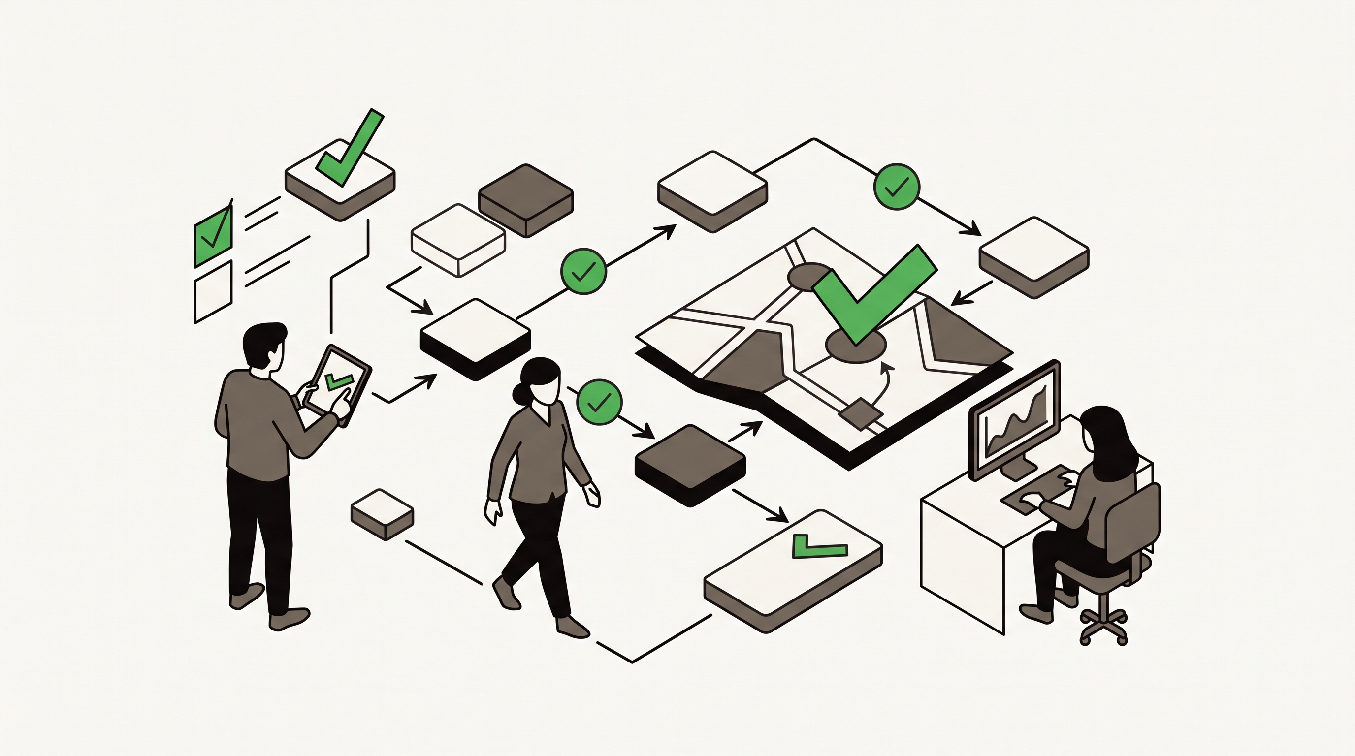Isometric illustration of a marketer reviewing a local AI visibility checklist on a dashboard with map pins, review cards, and audit panels.