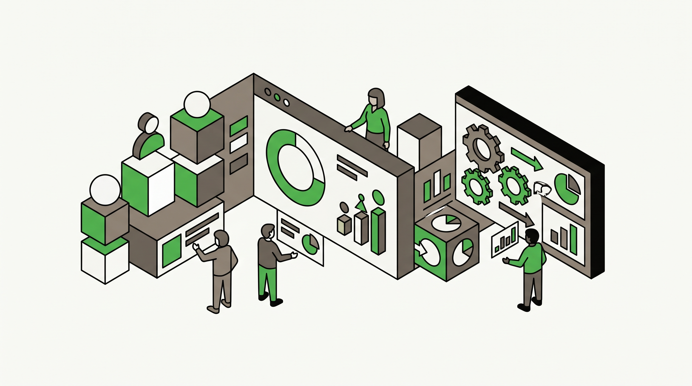Flat 2D illustration of a marketer updating a business profile dashboard with categories reviews hours and services