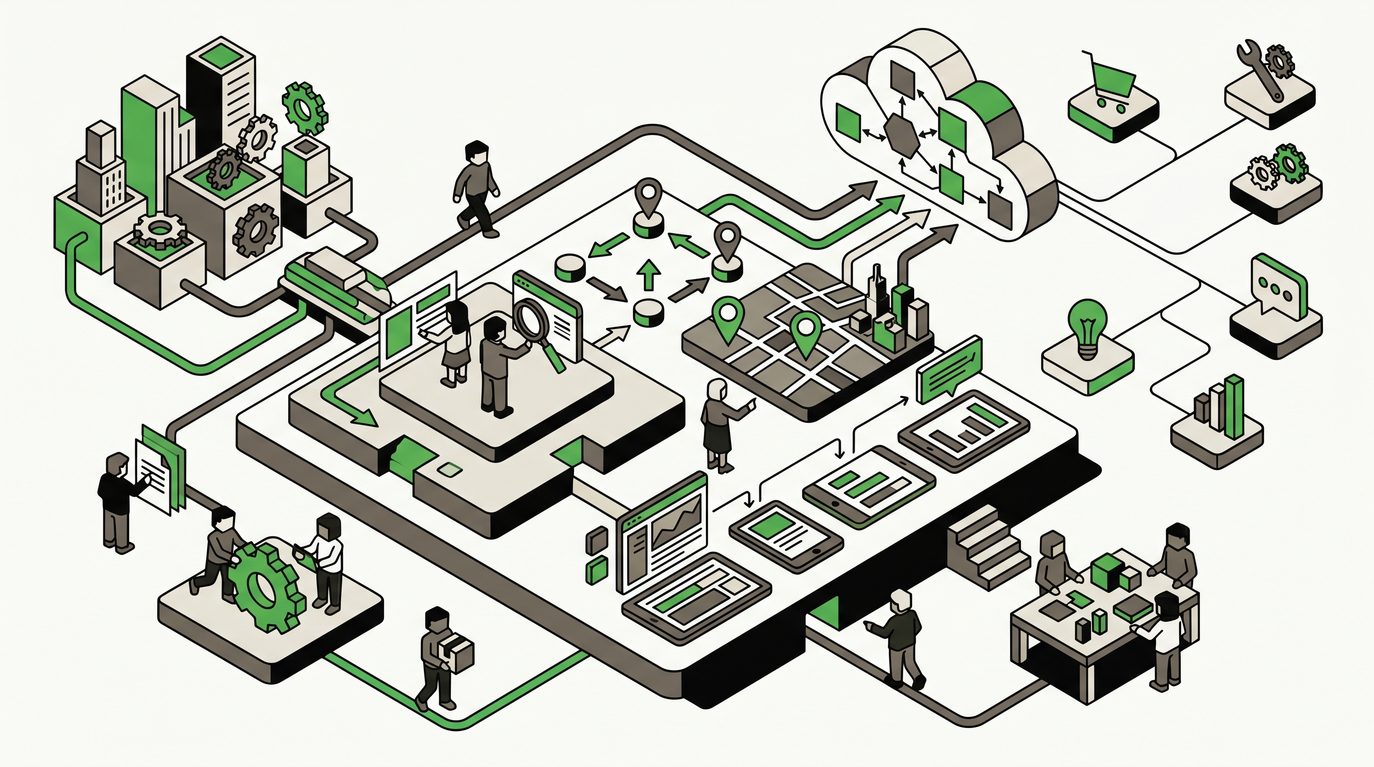Flat 2D illustration of stacked local service pages connected to a map grid and service area markers