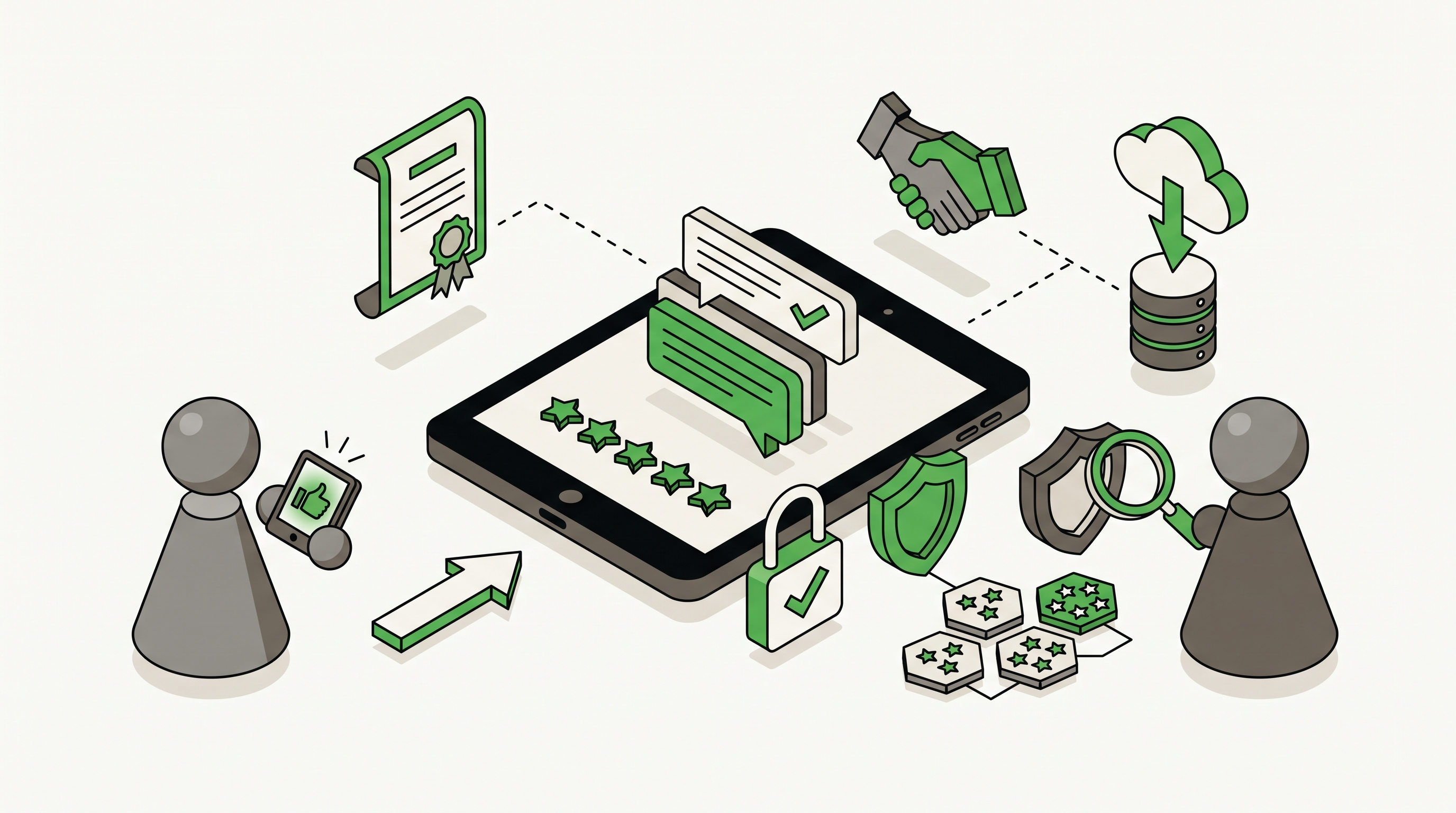 Flat 2D illustration of a service business website showing testimonials faq proof blocks and internal links around a search panel