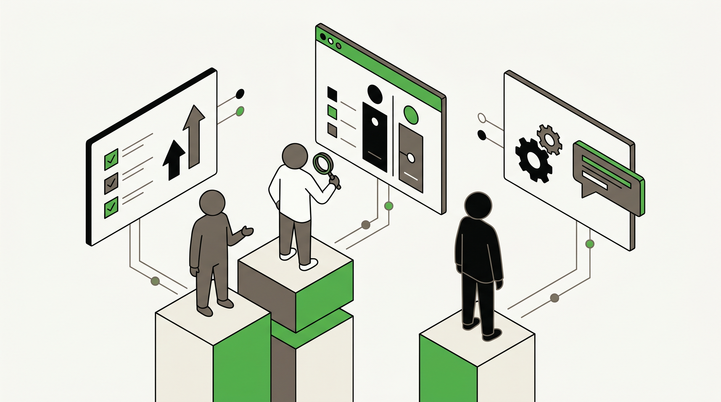 Business owner reviewing a stack of direct-answer service pages beside a simple AI summary screen