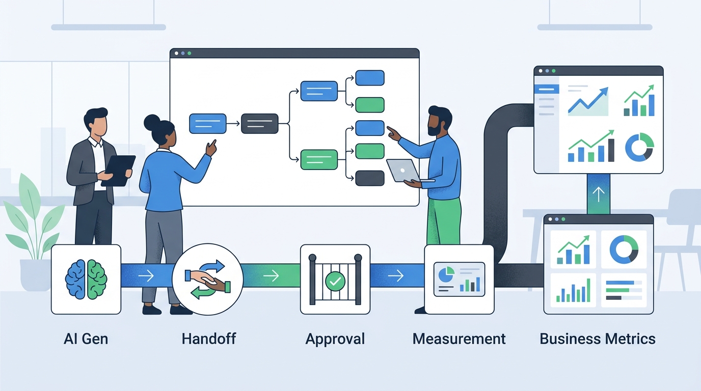Marketing team mapping one disciplined AI workflow with checkpoints and measurement
