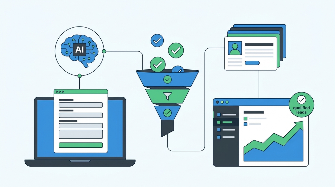 AI lead generation workflow connecting website forms qualification steps CRM cards and analytics