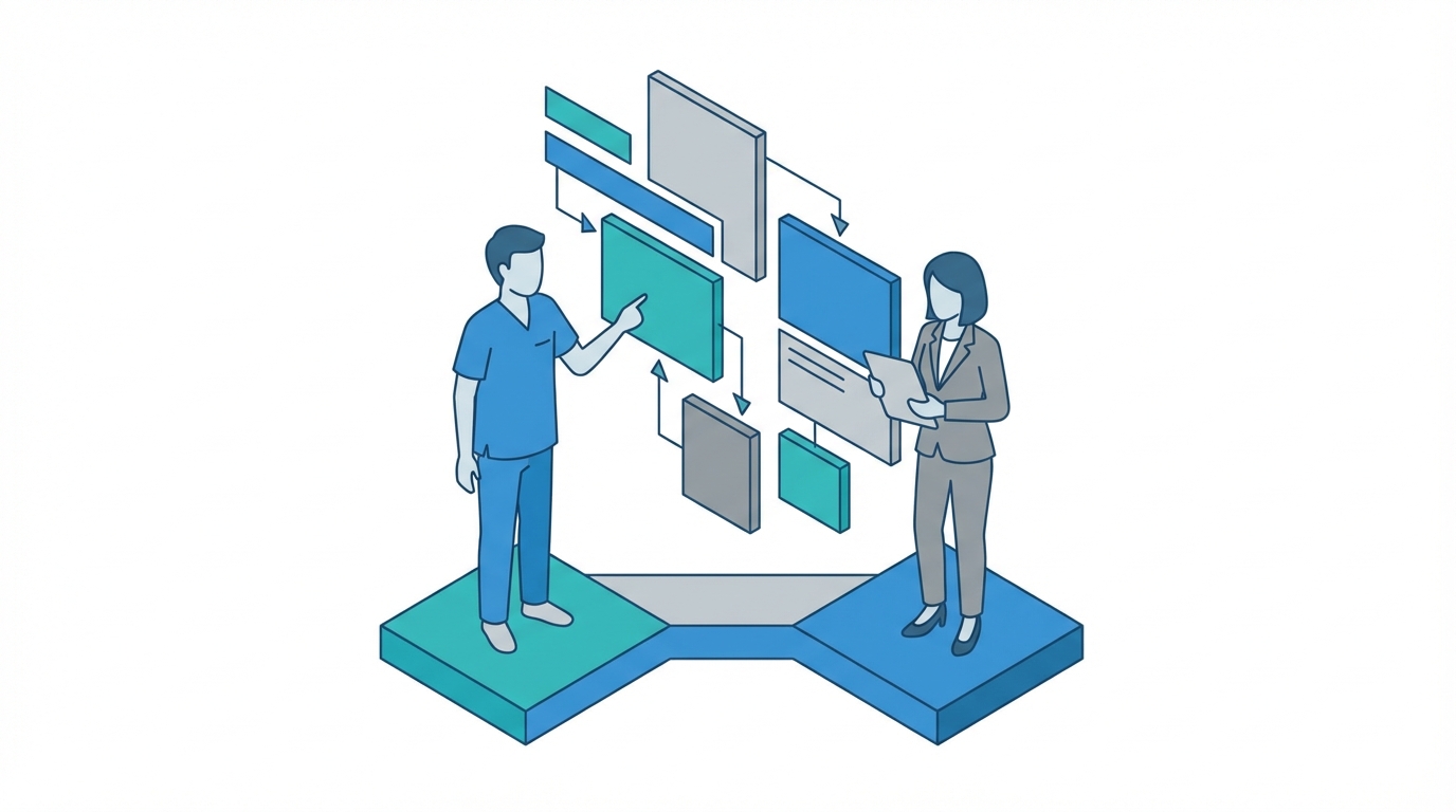 Clinician and marketer reviewing structured content blocks