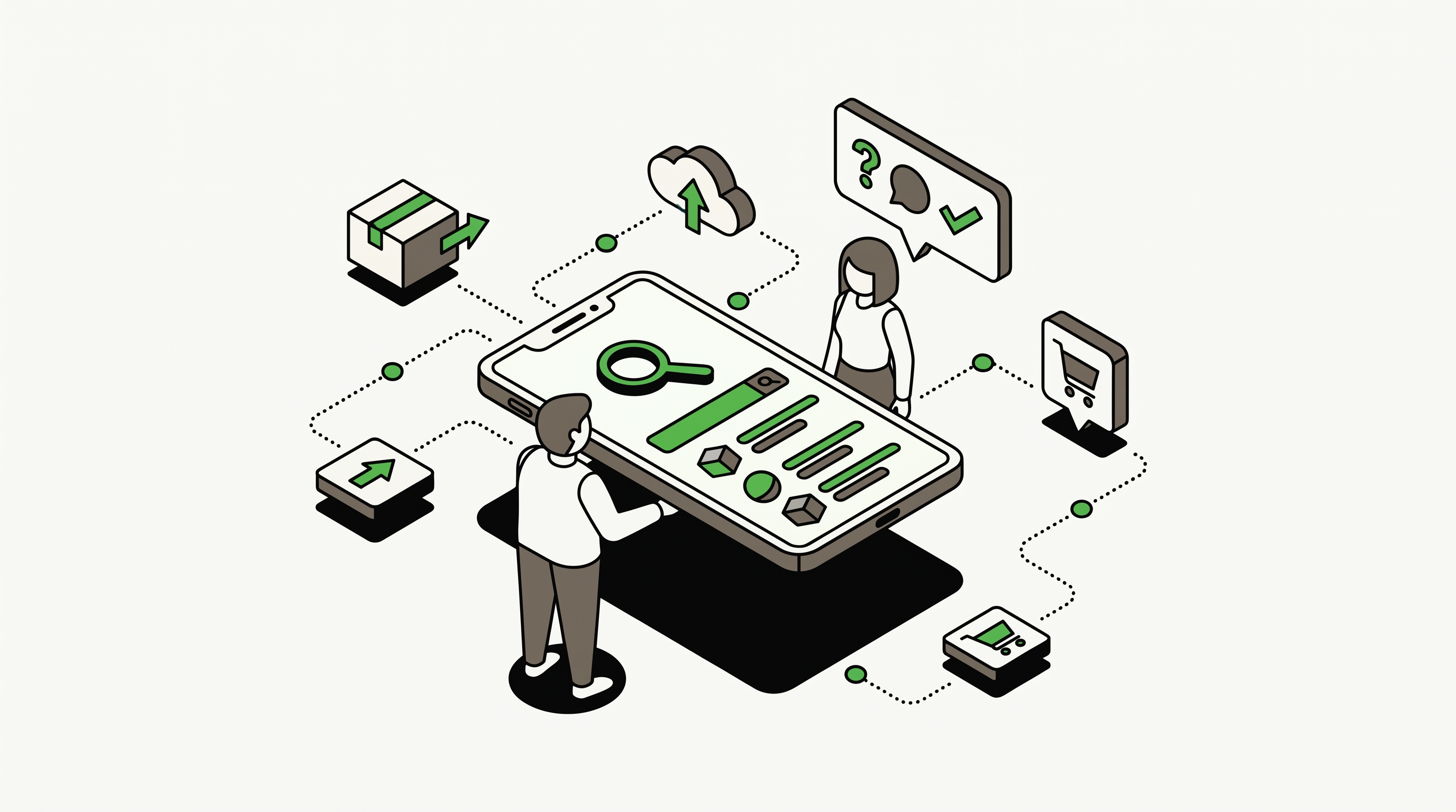 Side-by-side illustration of a customer searching on a phone and another customer discovering an offer in a social feed