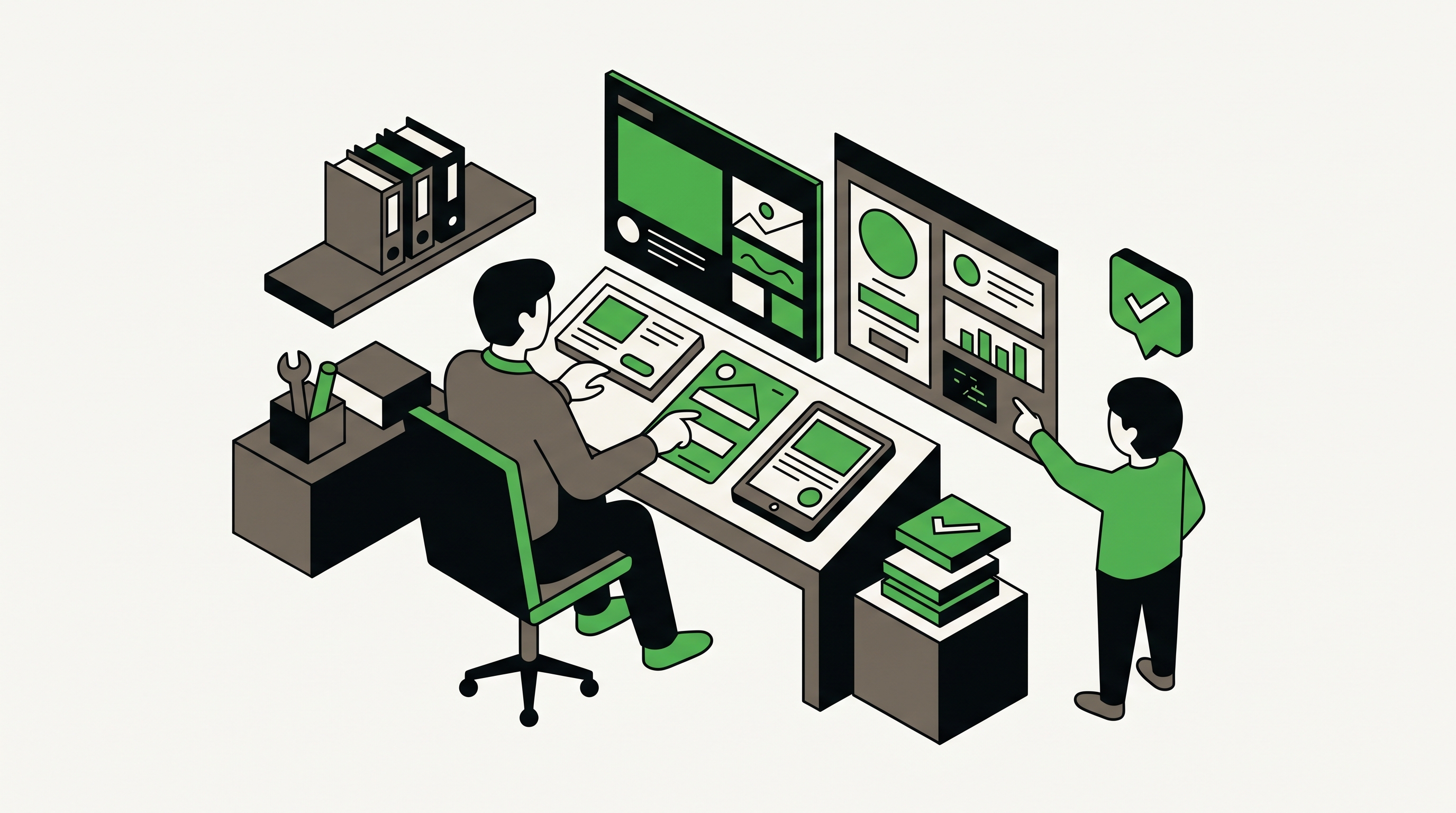 Illustration of a marketer reviewing social ad creatives, offer cards, and audience segments on a dashboard