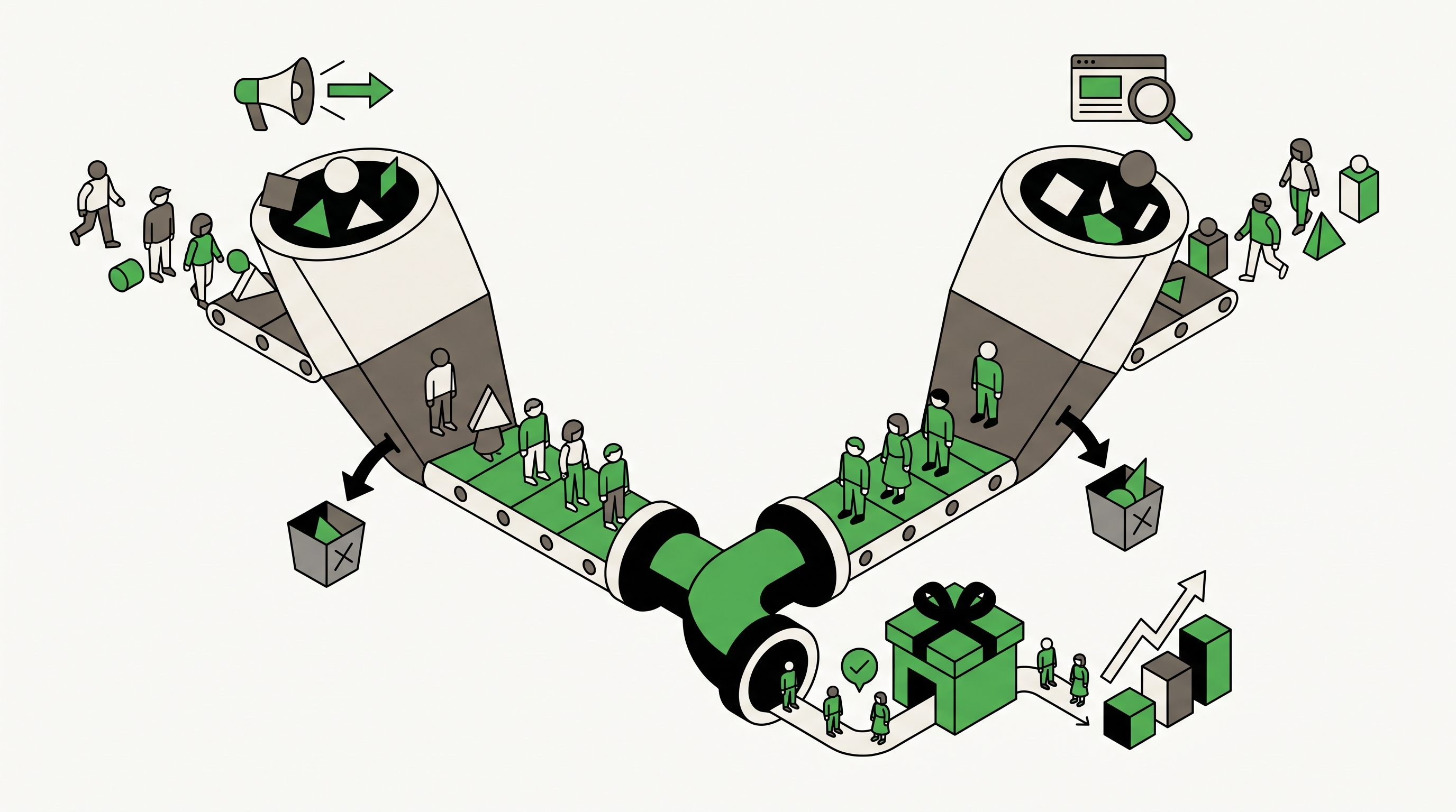 Illustration of two ad channels feeding one local business funnel with search leads, retargeting, and booked customers