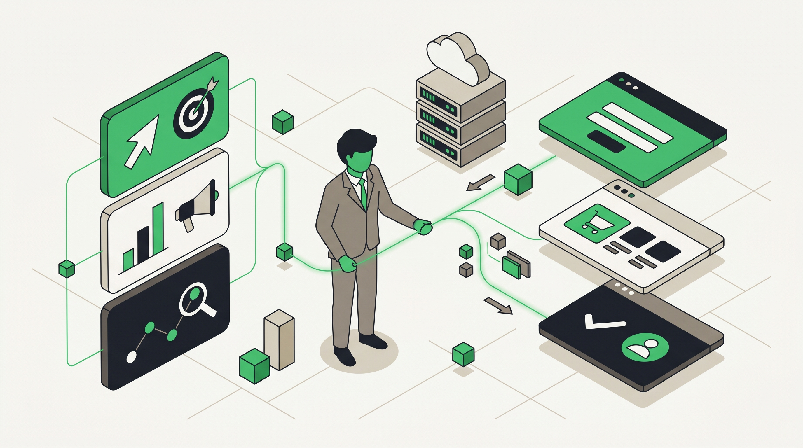 Illustration of a marketer connecting ad cards, landing pages, and search results on one dashboard