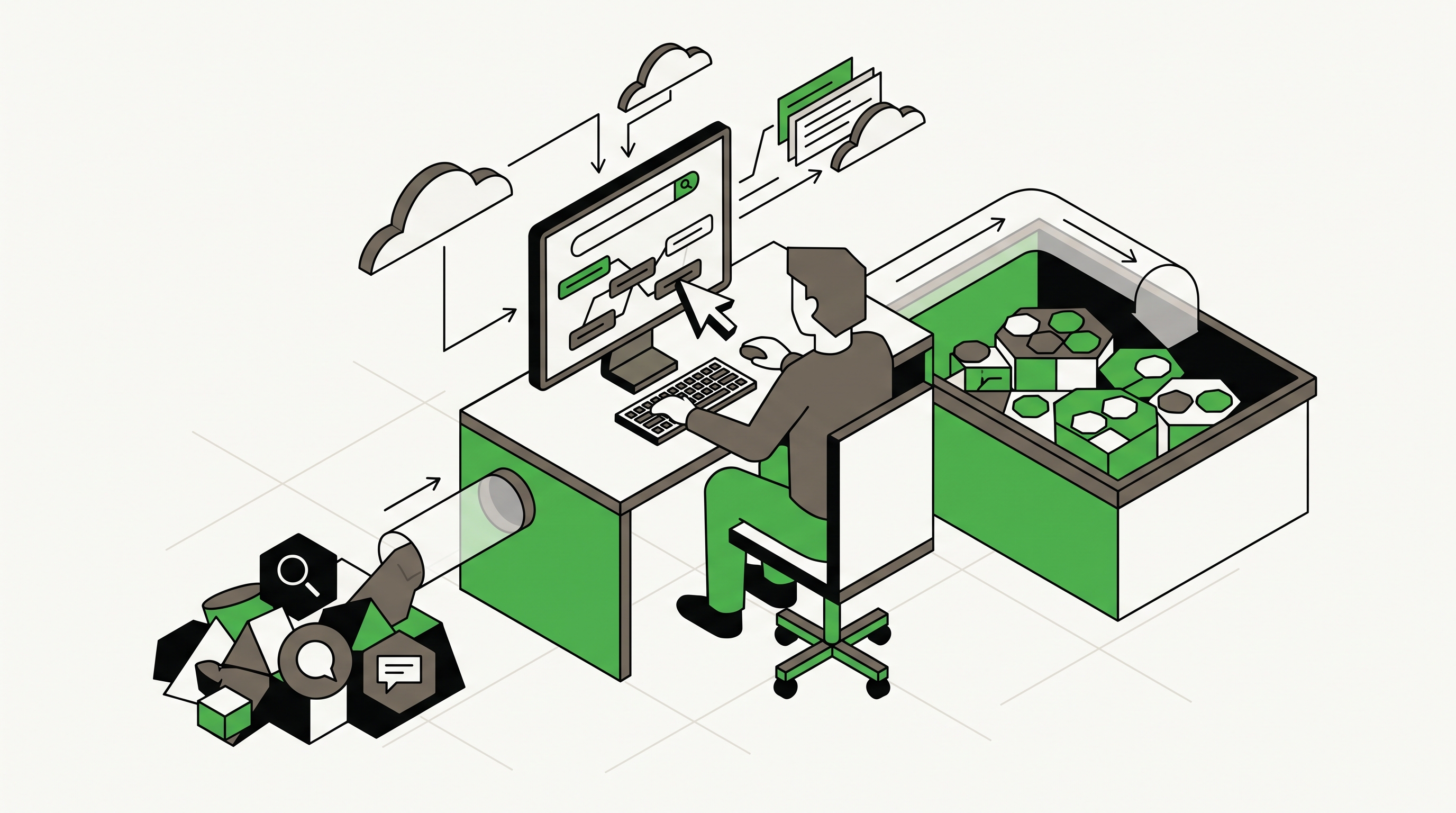 Illustration of an analyst grouping converting search queries into content themes and landing page actions