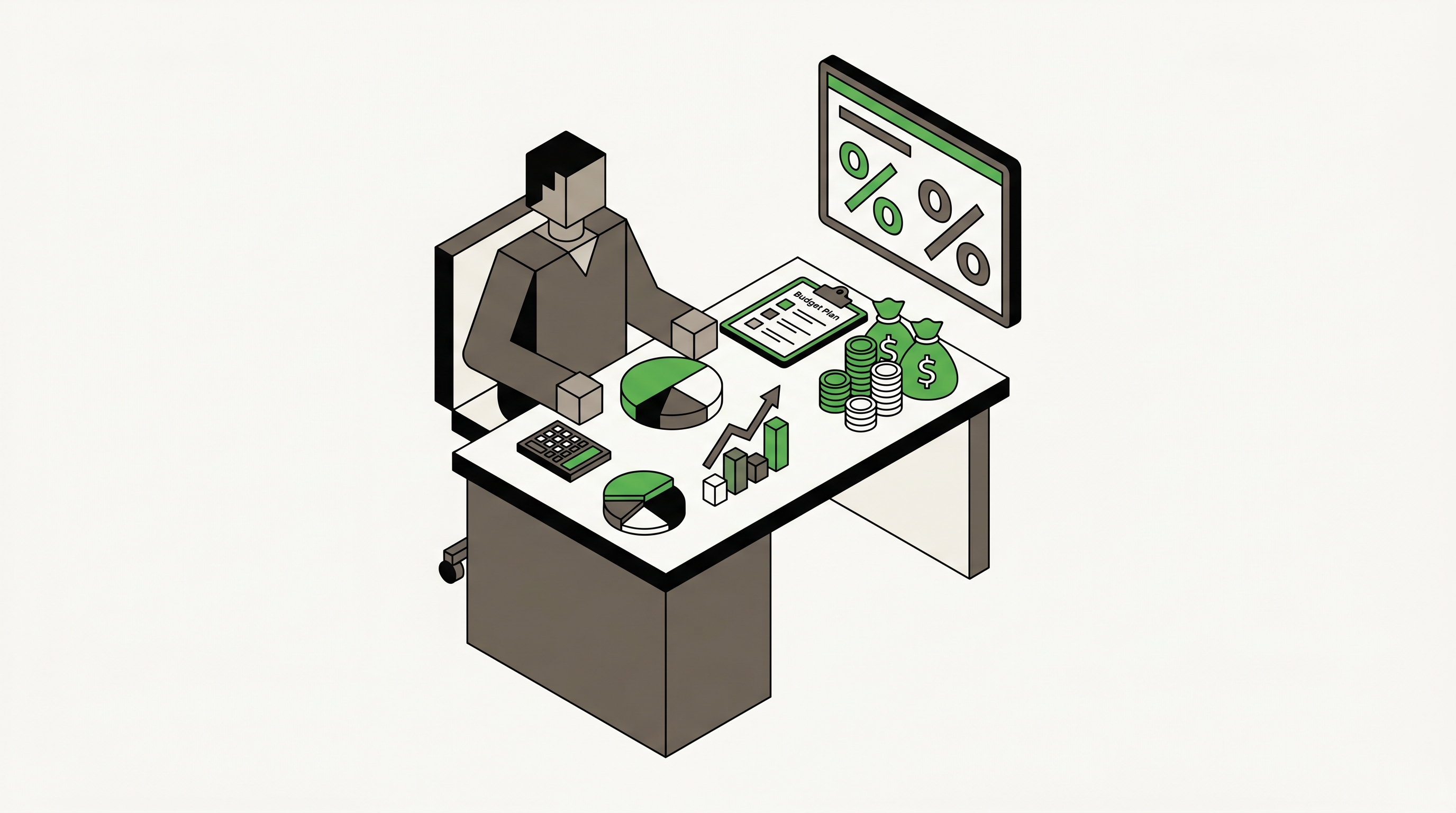 Illustration of a business owner balancing ad spend, page improvements, and content priorities on a planning board