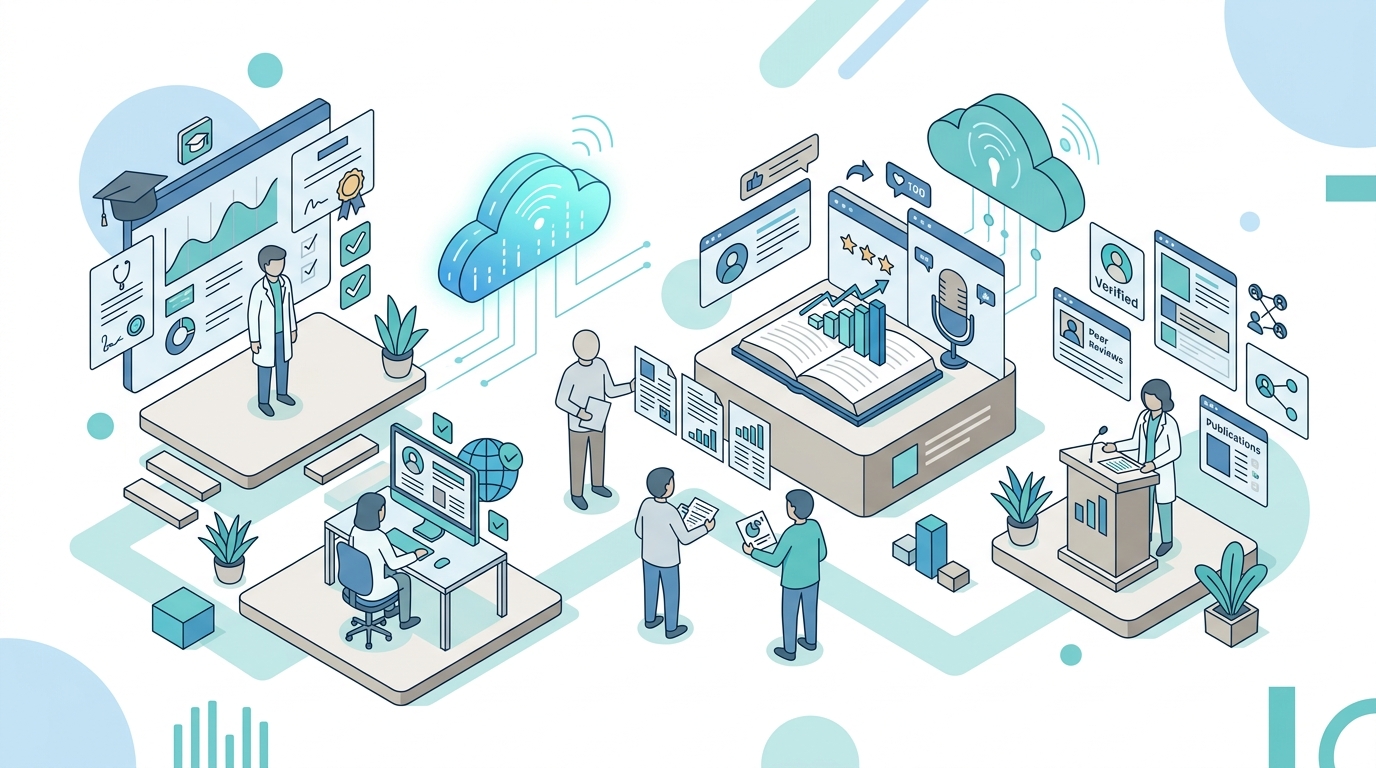 Flat isometric illustration of a patient using an AI assistant to research healthcare providers on a tablet device