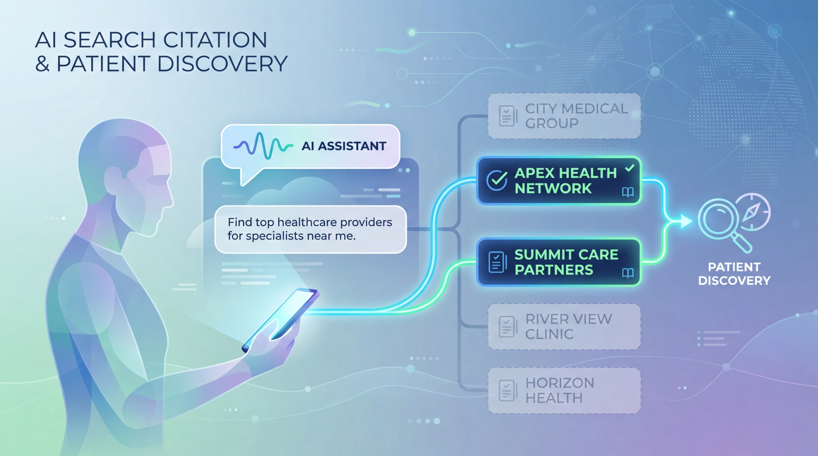 Patient on smartphone asking an AI assistant about healthcare providers, with specific organizations cited in the AI response