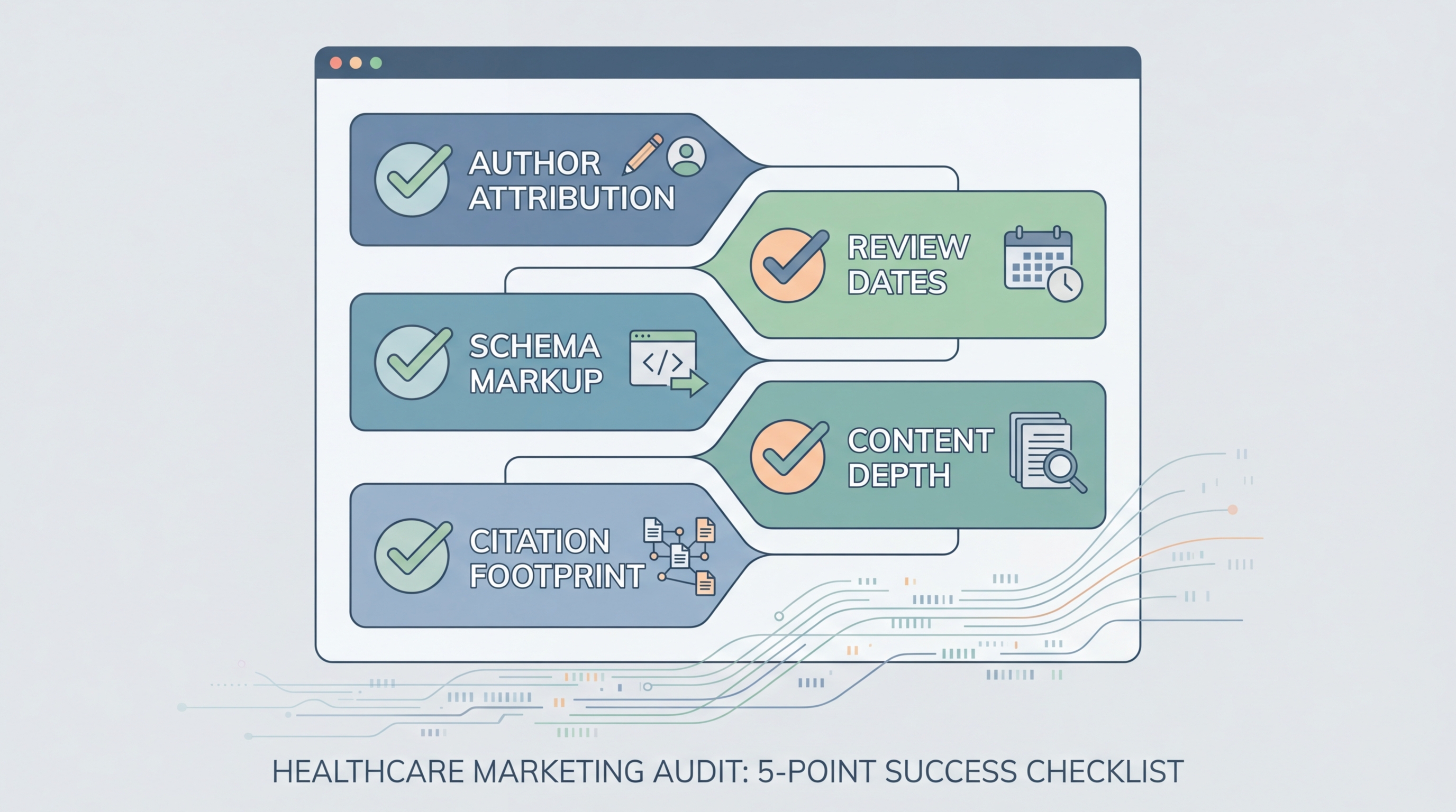 5-point AI visibility audit checklist for healthcare content including author attribution, review dates, schema, content depth, and citation footprint