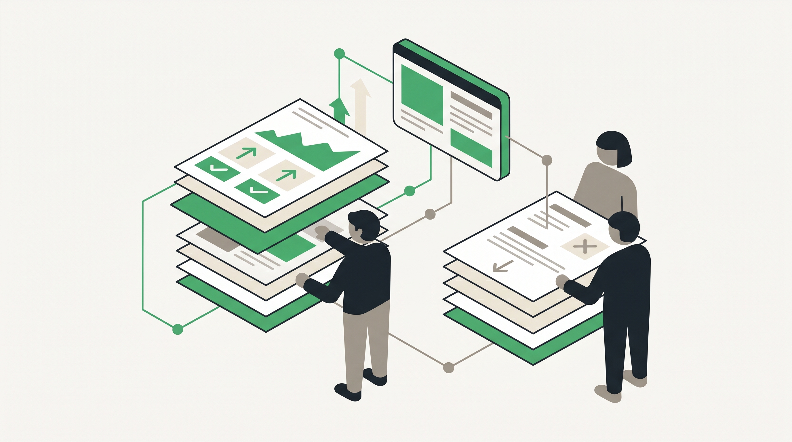 Flat 2D isometric vector illustration of stacked comparison pages and ranking cards on a white workspace dashboard