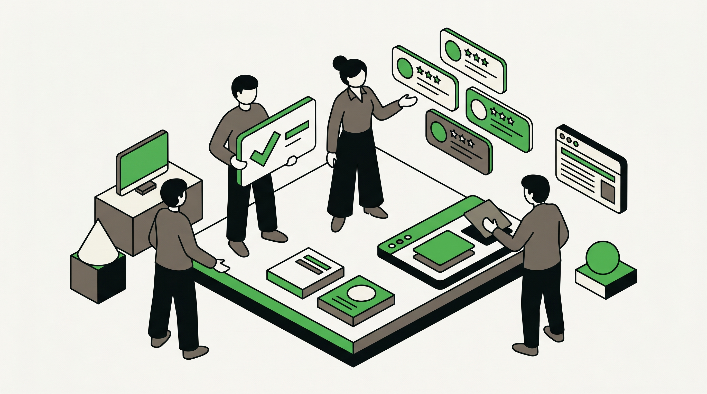Flat 2D isometric vector illustration of proof cards, review signals, and comparison panels feeding an AI recommendation screen