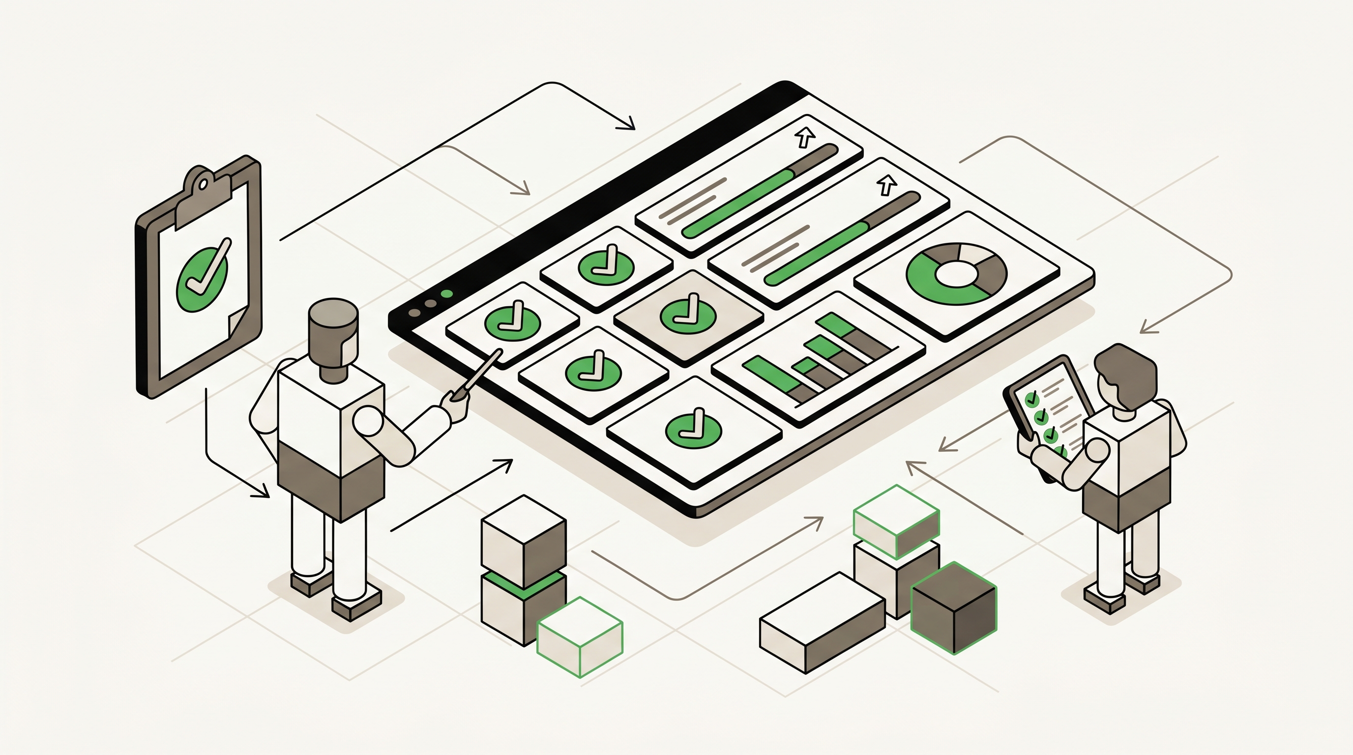 Flat 2D isometric vector illustration of structured headings, image blocks, and schema tags arranged around a commercial comparison page