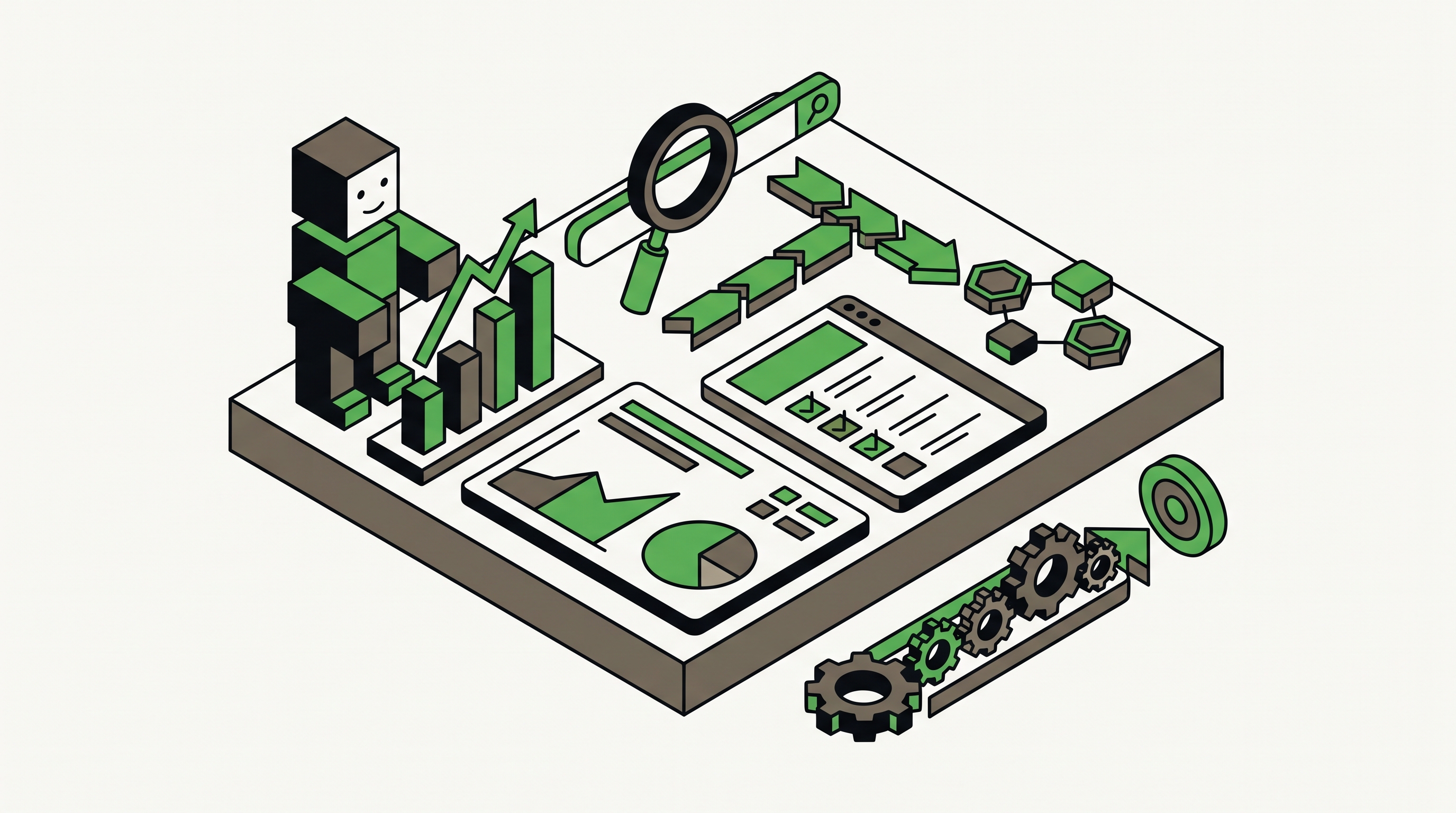 Flat 2D isometric vector illustration of a business owner reviewing SEO task cards, rewritten pages, search reports, and technical fix checklists on a dashboard