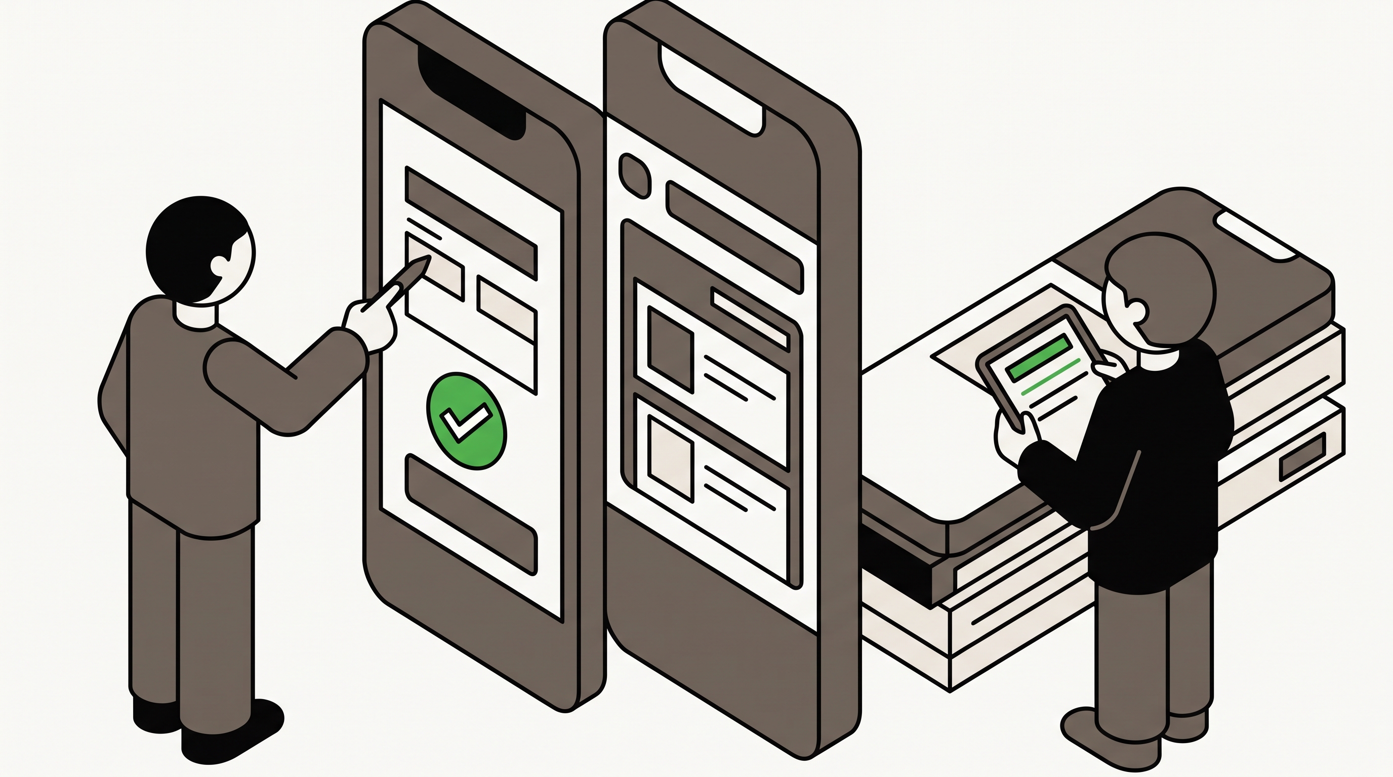 Marketer auditing a mobile service page with proof cards, form fields, and process steps