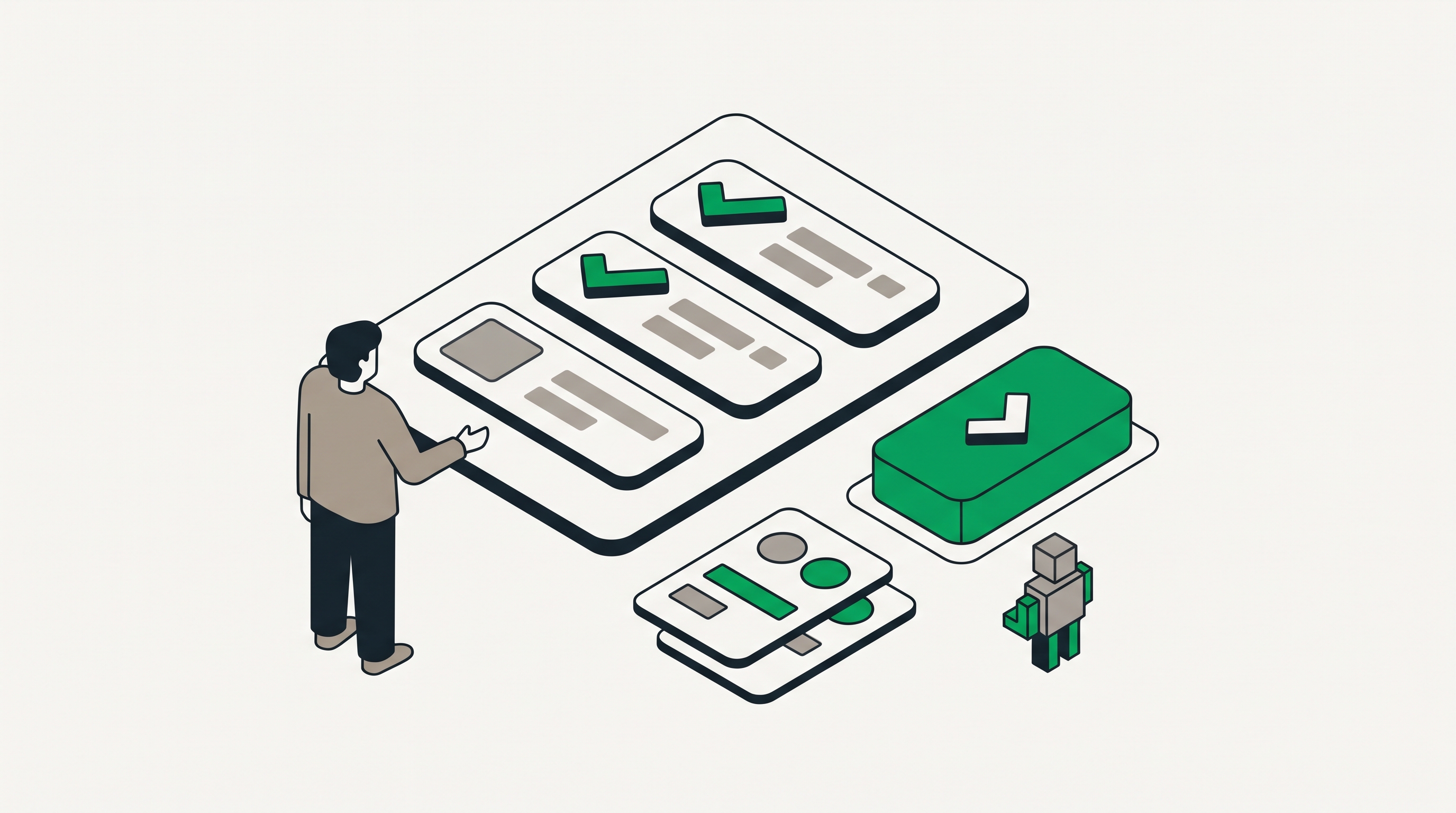 Team auditing a service page checklist with FAQ cards, internal links, and conversion call to action