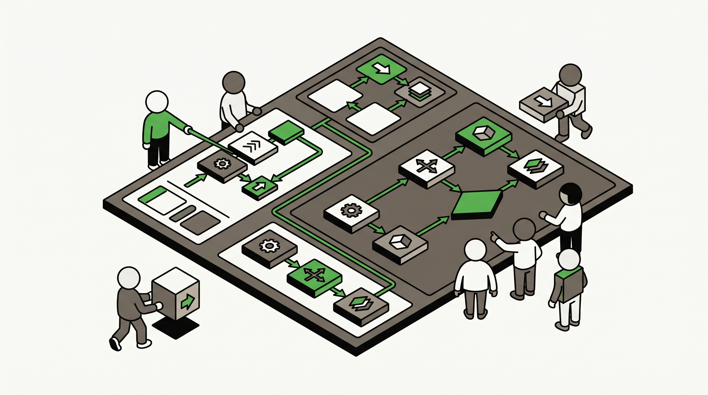 Structured data panels, business profile cards, and breadcrumb paths arranged in a flat isometric workspace